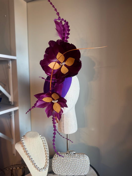 “Mimi” purple and tan feather felt/wool pillbox