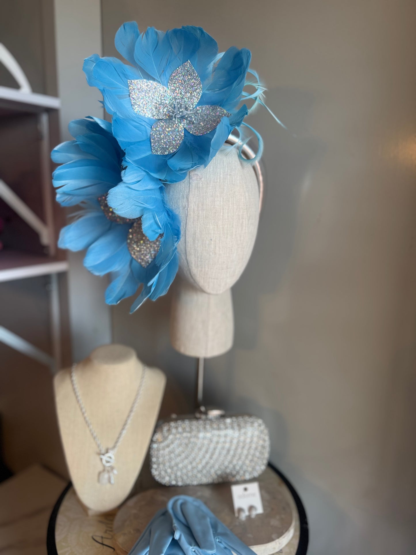 “Jeanada” baby blue & silver feather statement
