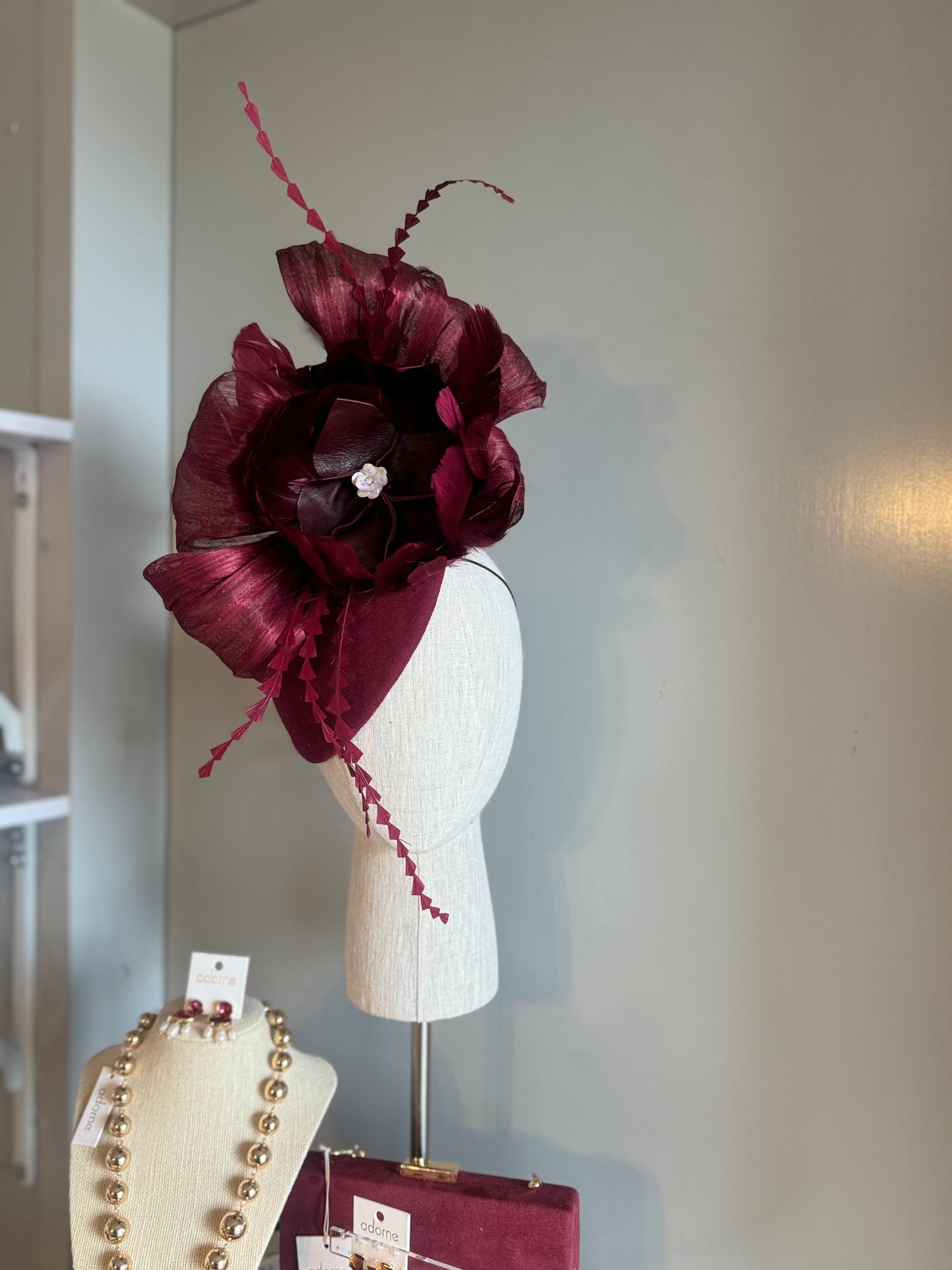 “Miranda” burgundy felt wool statement pillbox