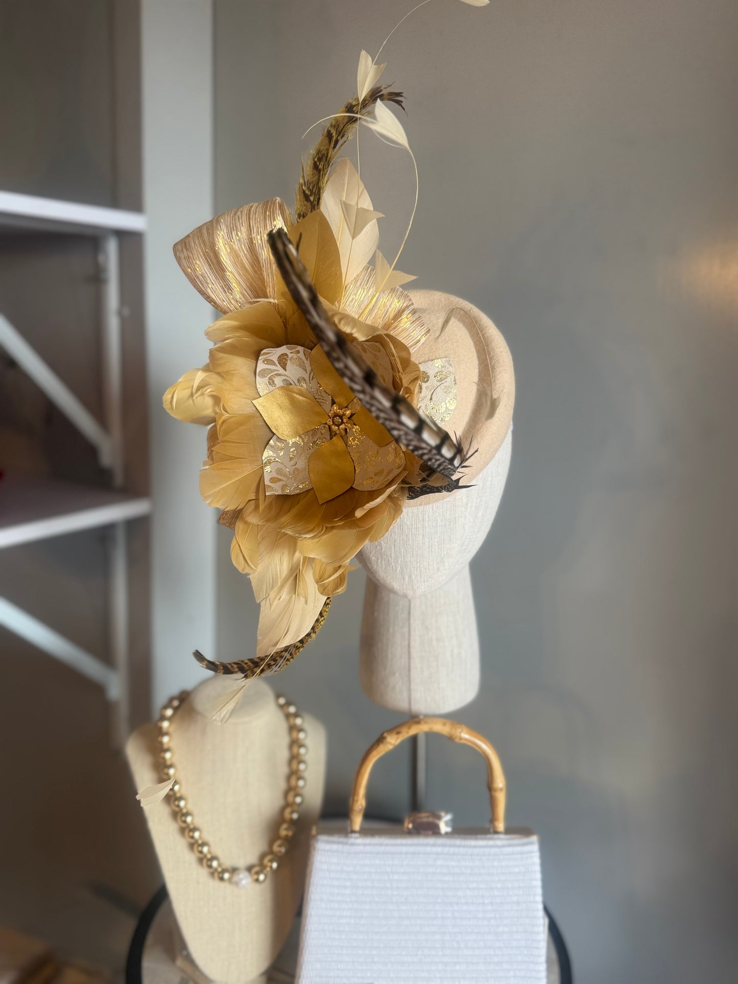 “Lettie” Gold & cream felt/wool pillbox