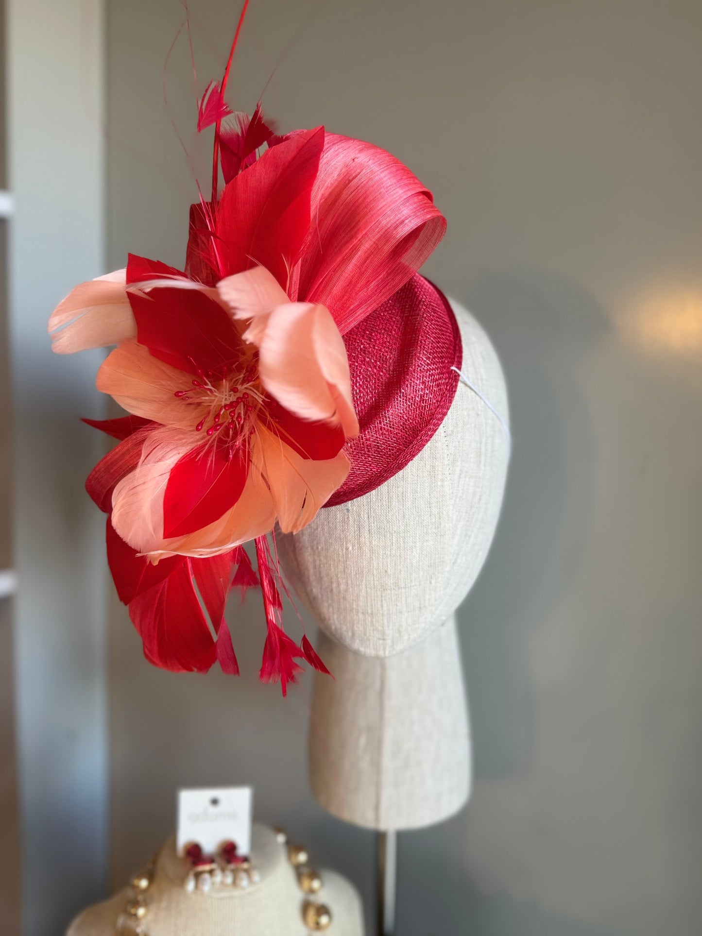 “Sara” coral & red floral fascinator