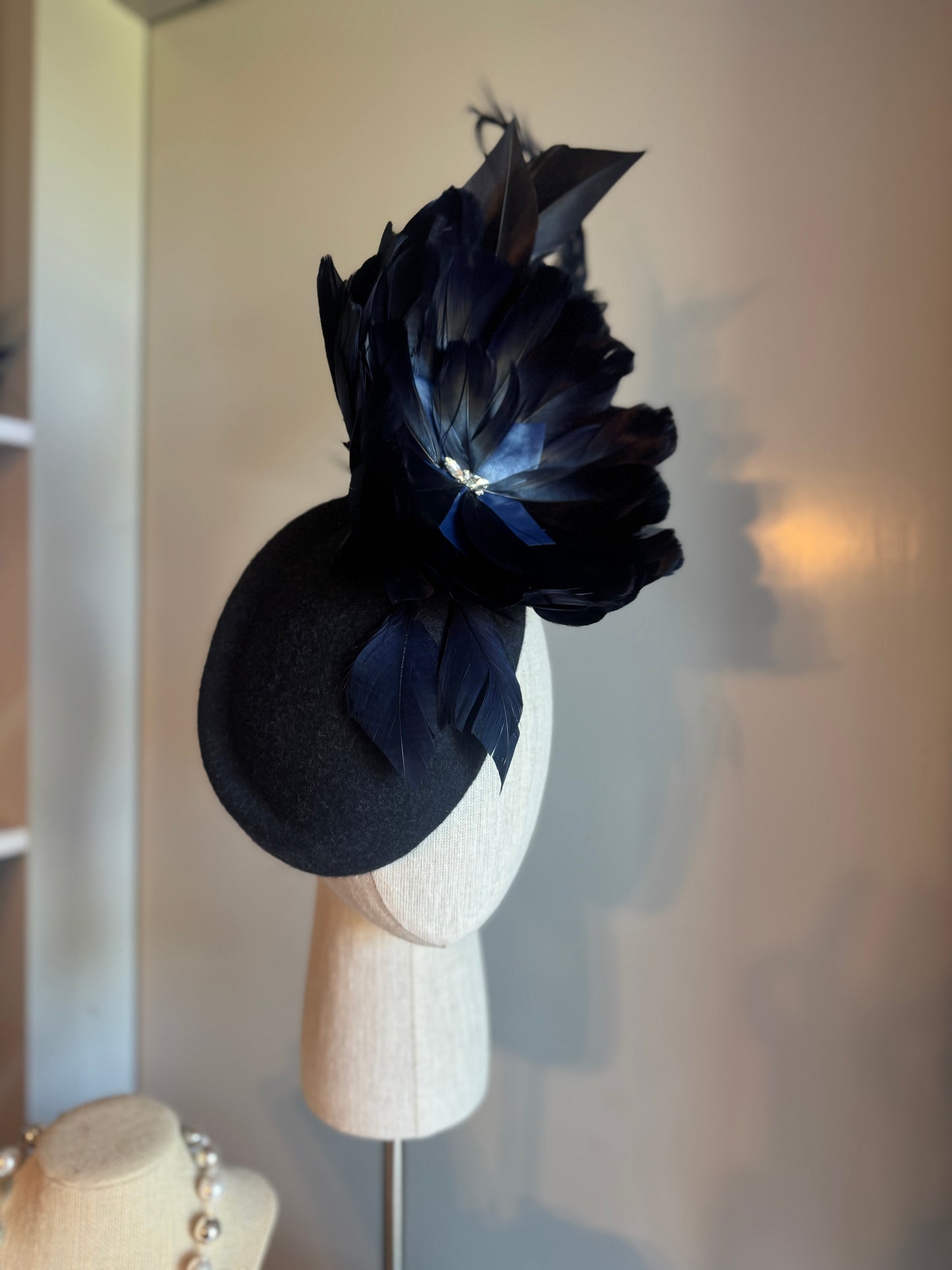 “Laura” Navy feather statement pillbox