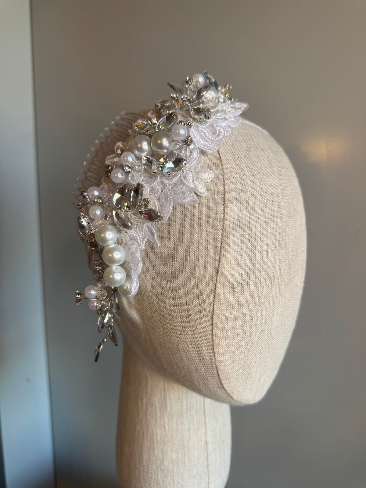 “Mary Jane” White pearl lace headpiece