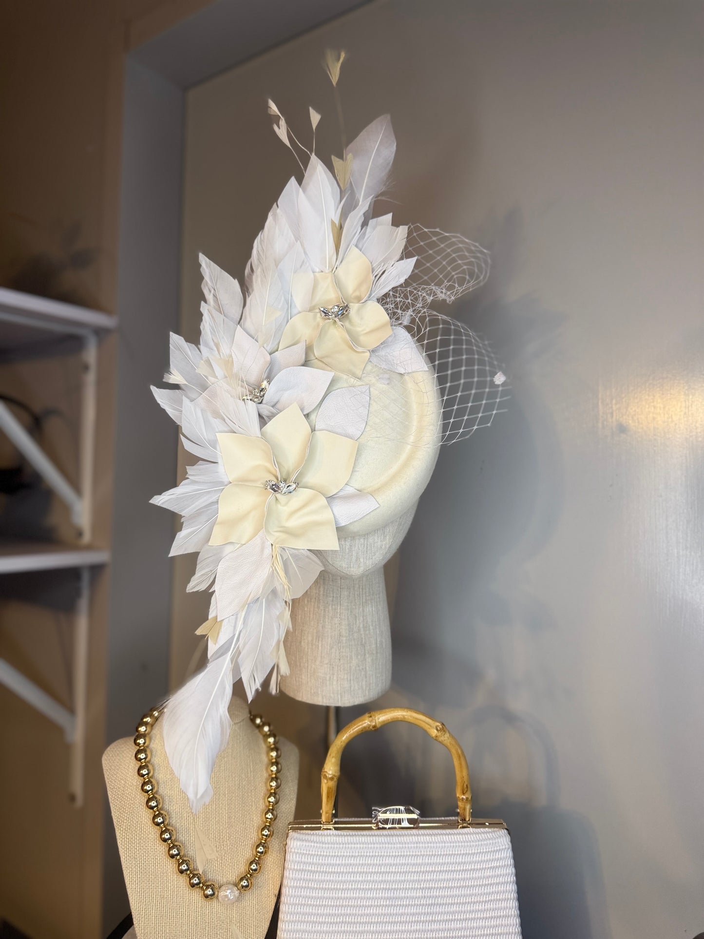 “Claudette” white & cream leather felt/ wool and feather statement