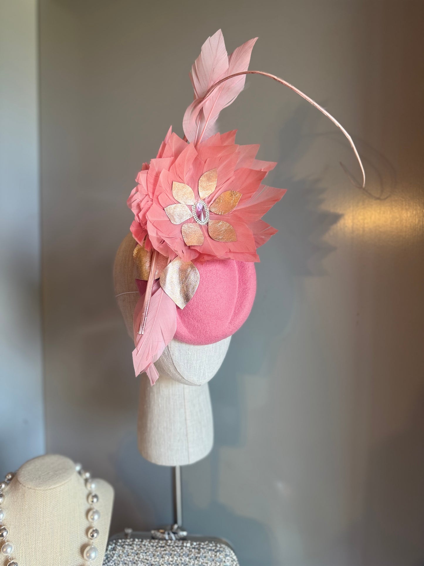 “Trish” pink & Rose gold feather statement