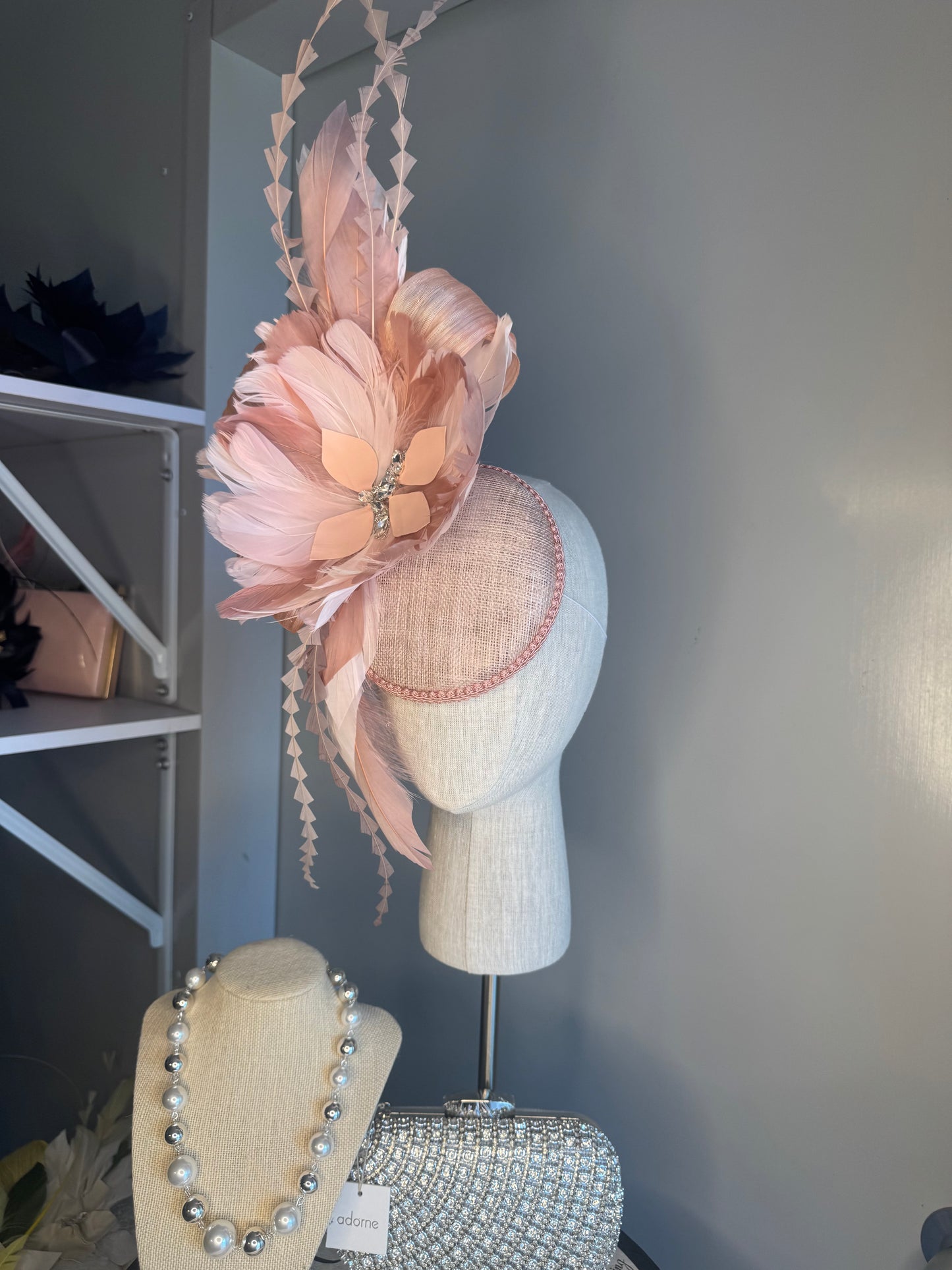 “Melinda” blush pink feather statement