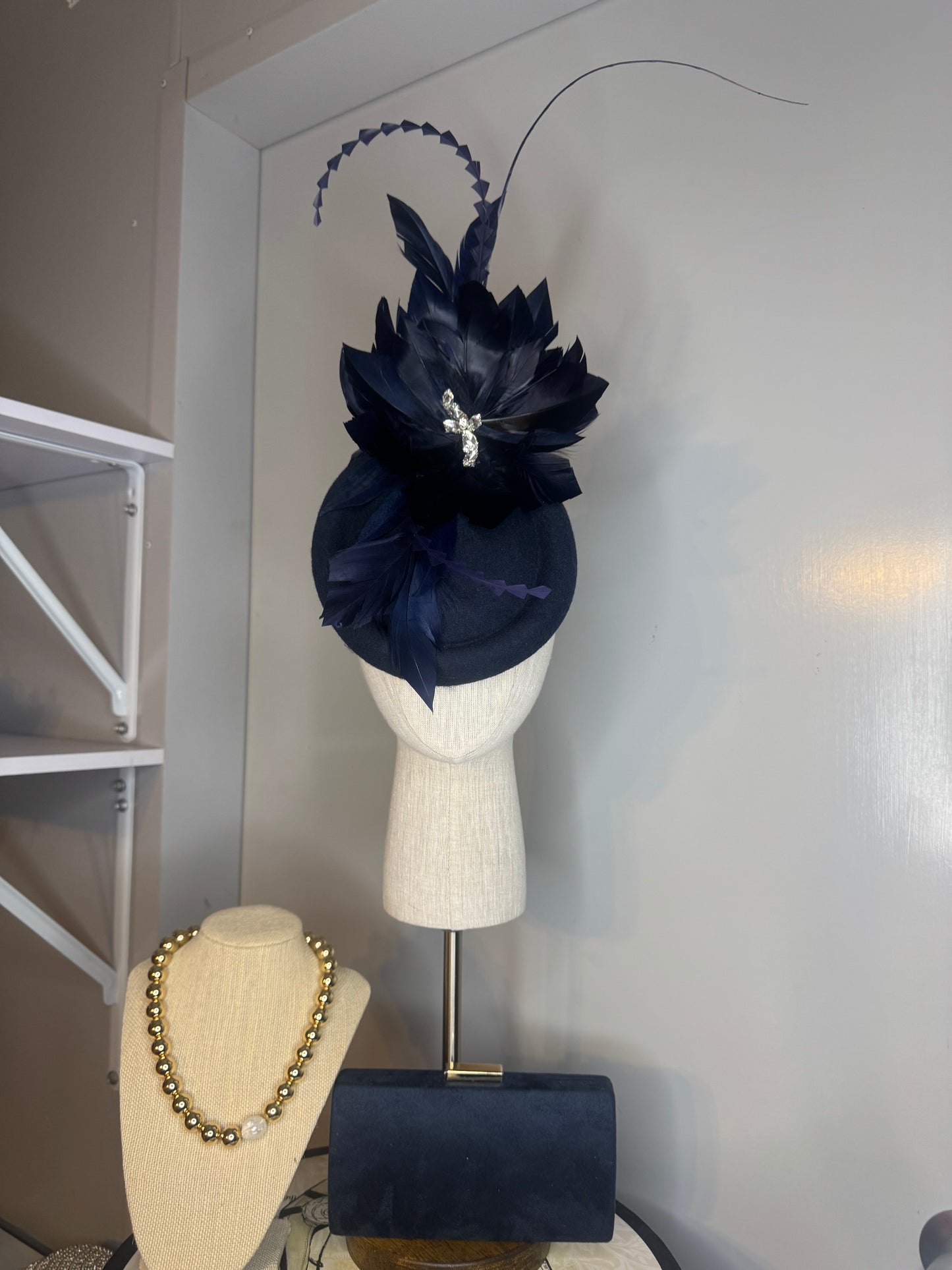 “Sophie”Navy feather felt/ wool plate pillbox