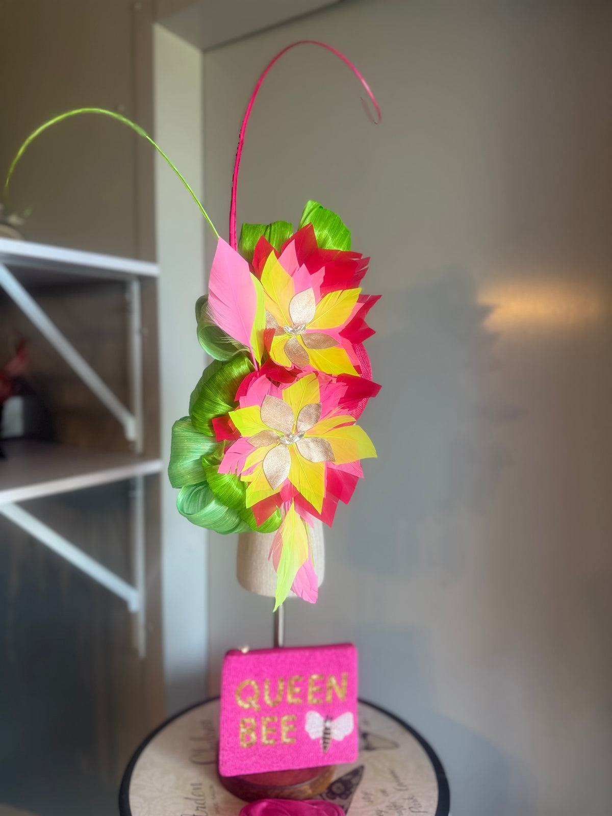 “Morgan” hot pink,neon lime green feather statement