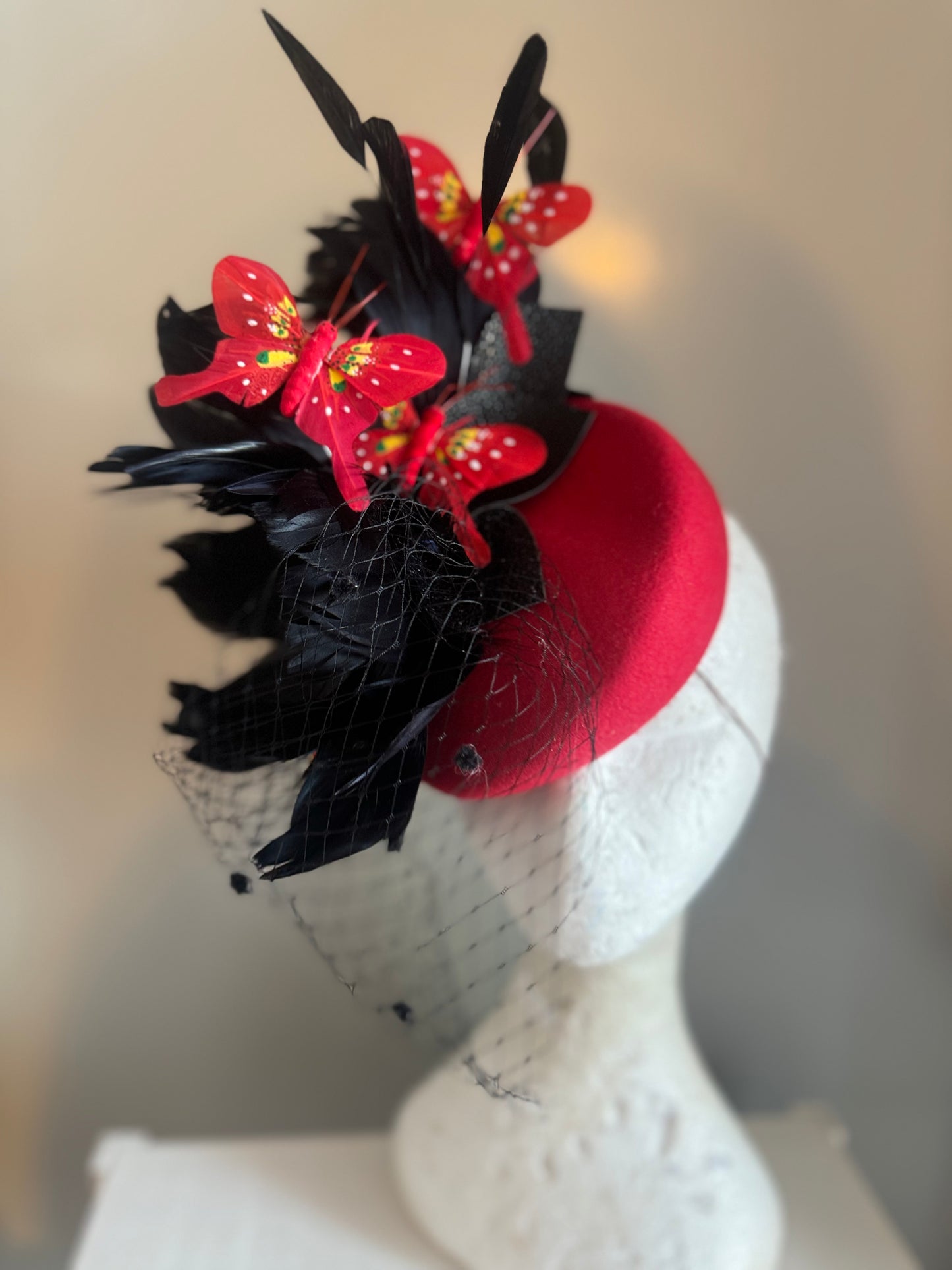 “Mollie” red & black feather felt/wool pillbox with delicate feather butterflies