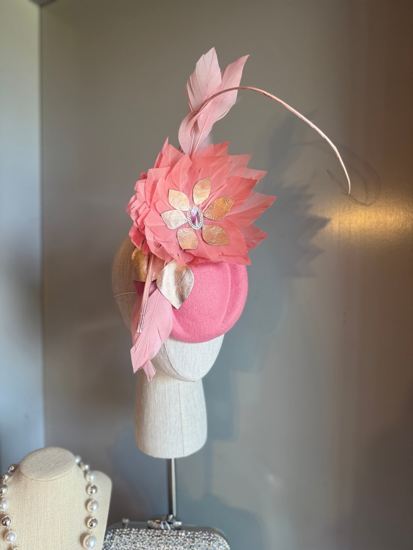 “Trish” pink & Rose gold feather statement