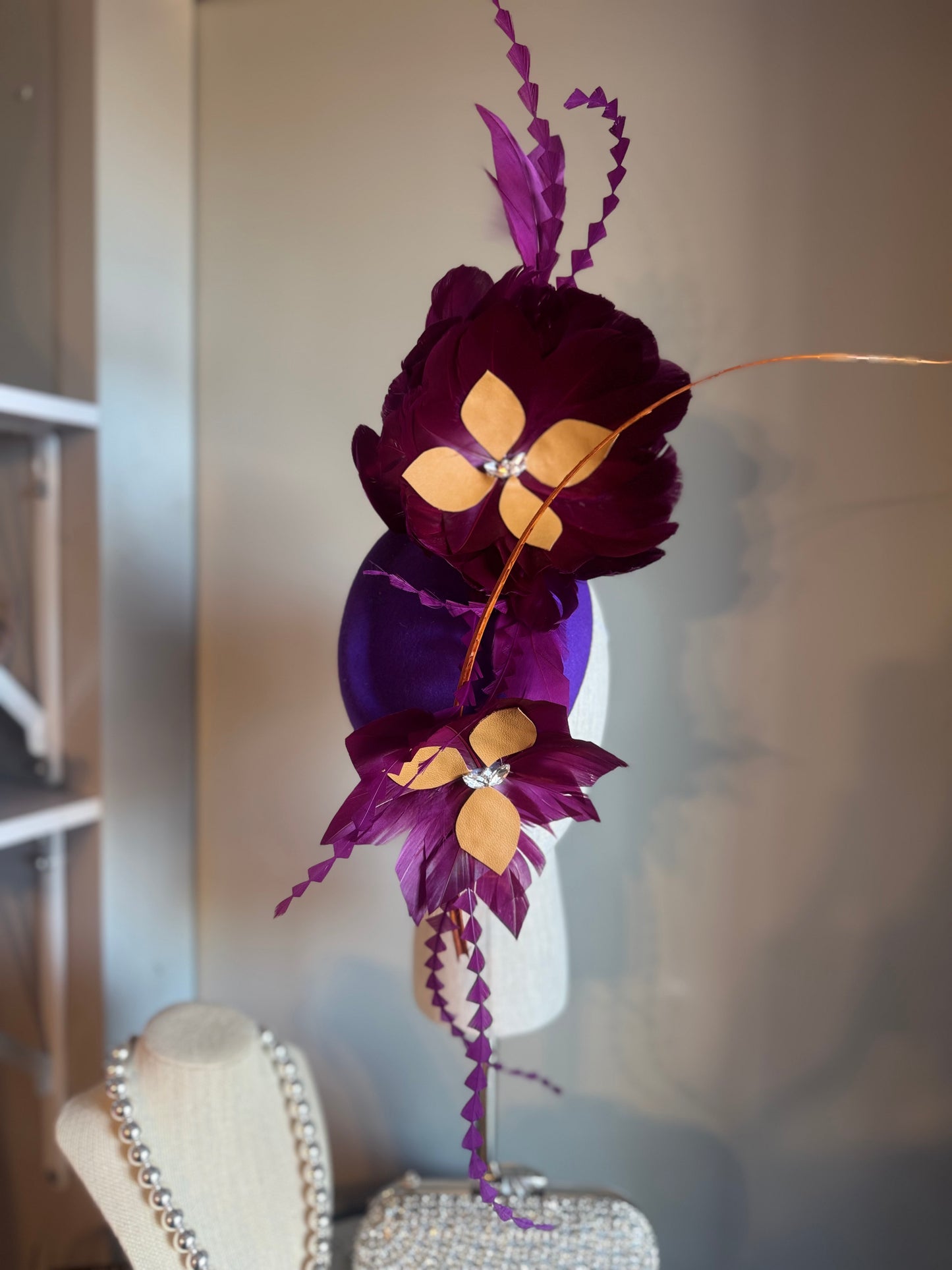 “Mimi” purple and tan feather felt/wool pillbox