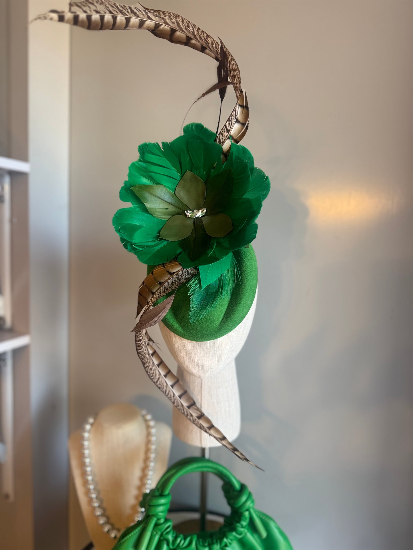 “Sim” Green feather statement pillbox