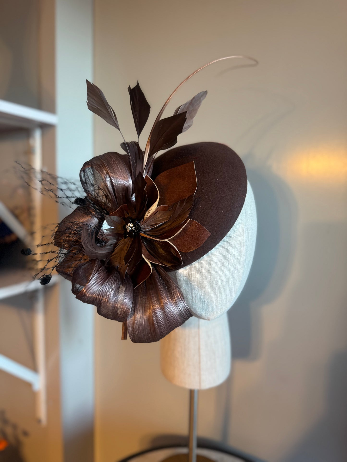 “Lucy” chocolate & black felt/wool pillbox