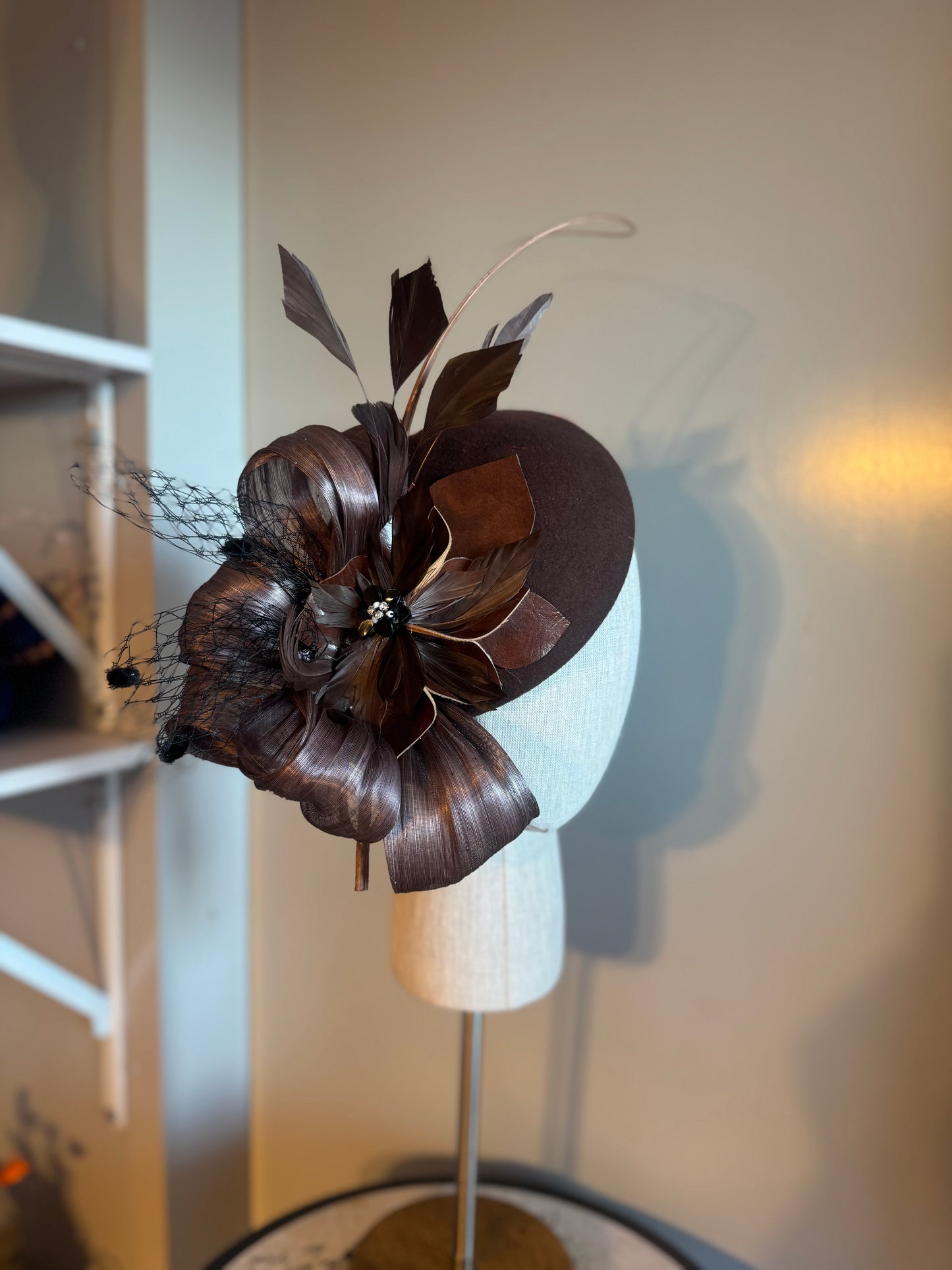 “Lucy” chocolate & black felt/wool pillbox