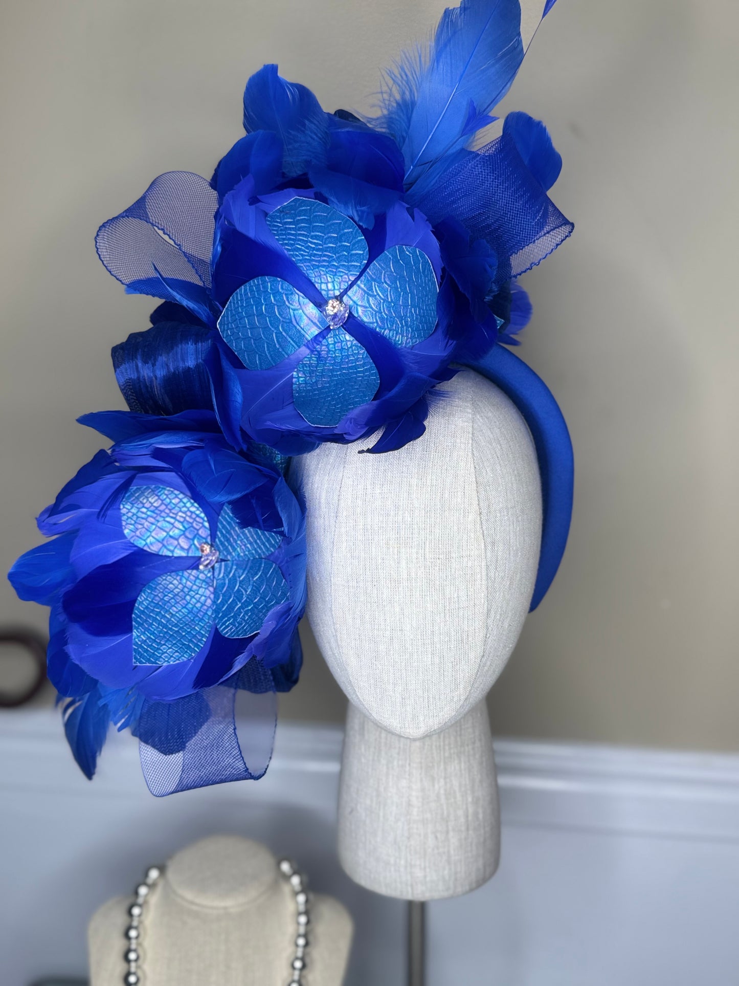 “Farrah” blue feather statement fascinator