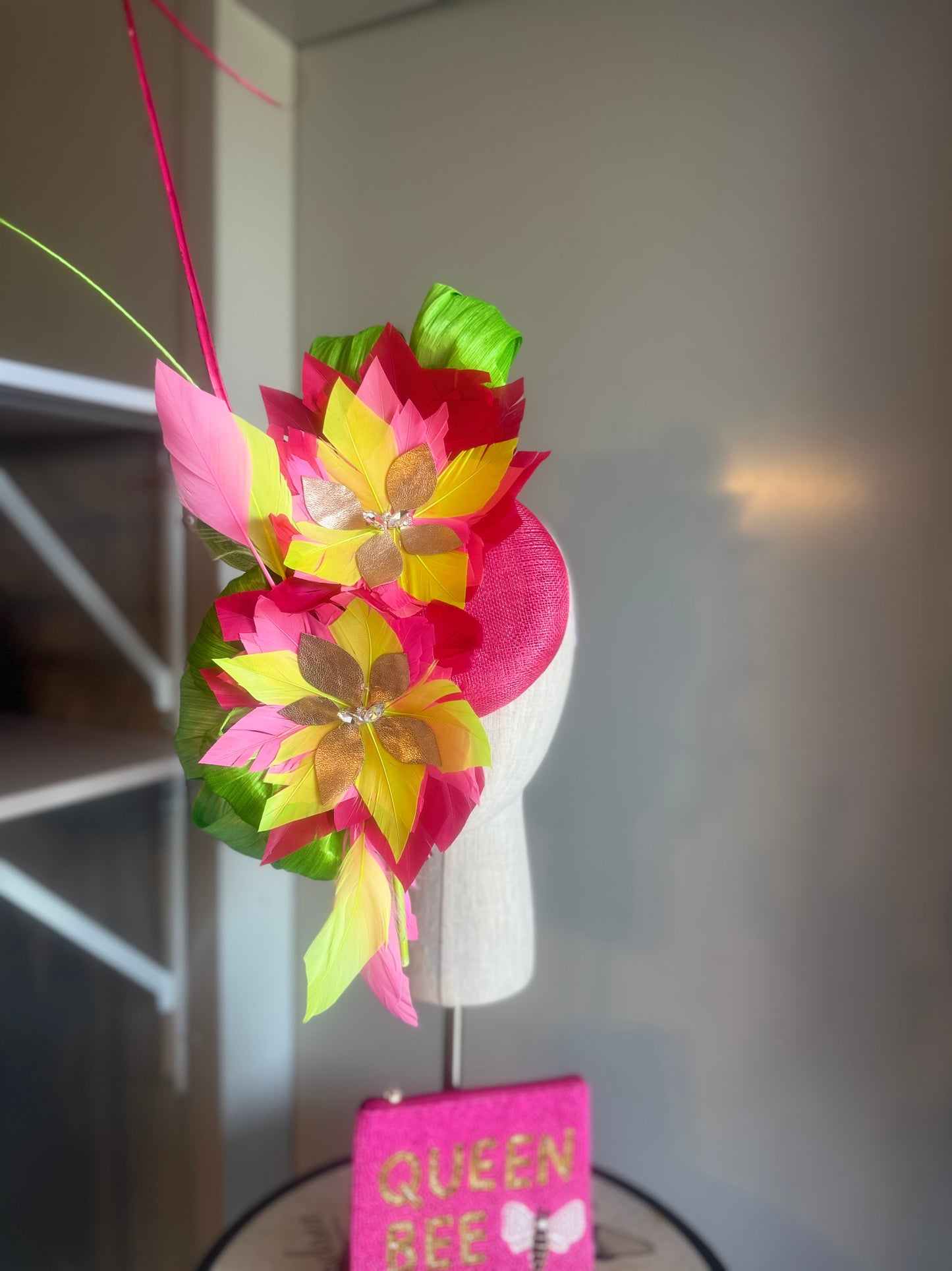 “Morgan” hot pink,neon lime green feather statement
