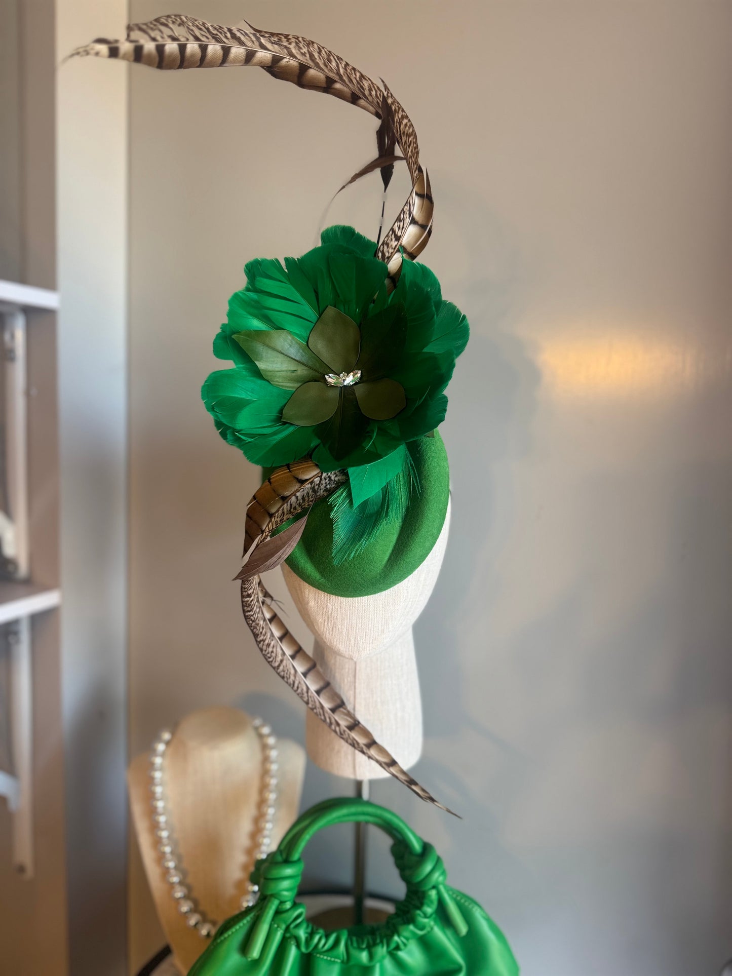 “Sim” Green feather statement pillbox
