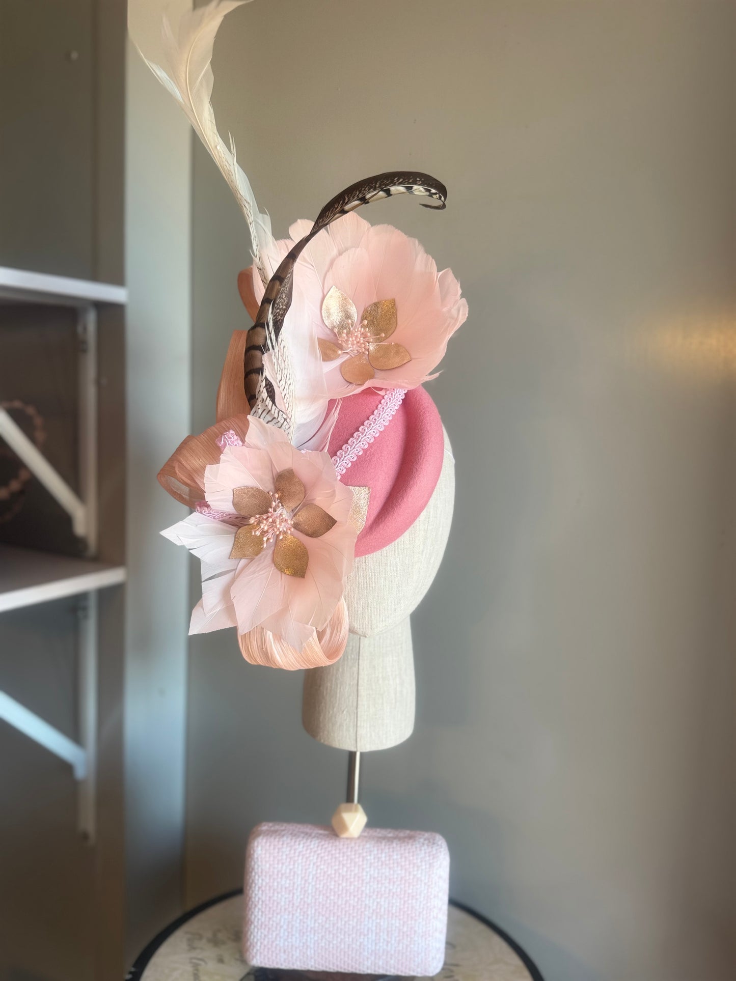 “Jessie” pink feather statement felt/wool pillbox