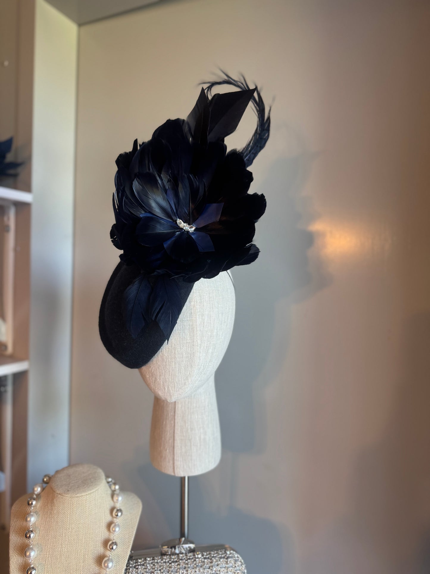 “Laura” Navy feather statement pillbox