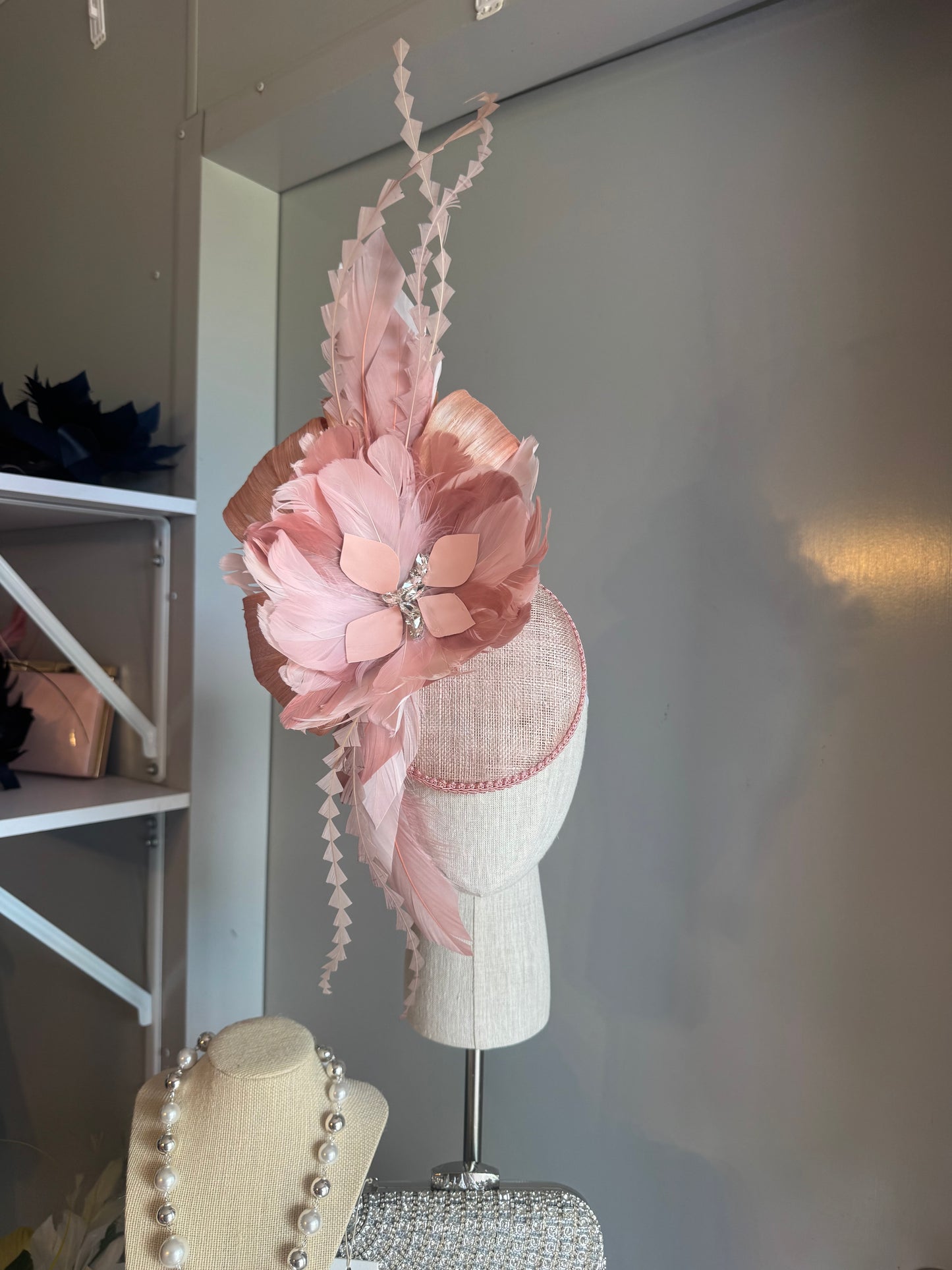 “Melinda” blush pink feather statement