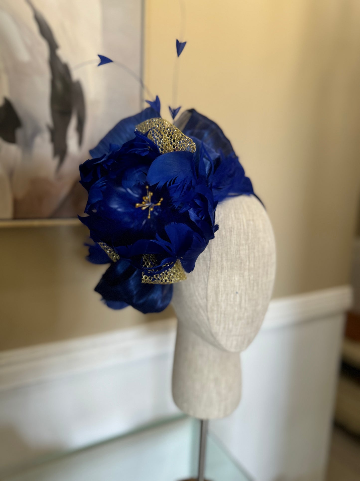 “Roslyn” cobalt & gold feather floral