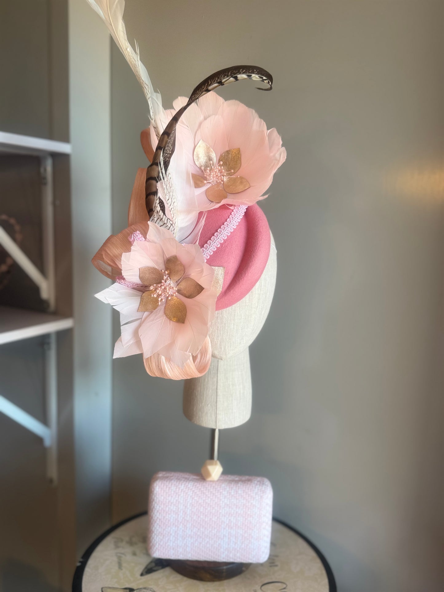 “Jessie” pink feather statement felt/wool pillbox