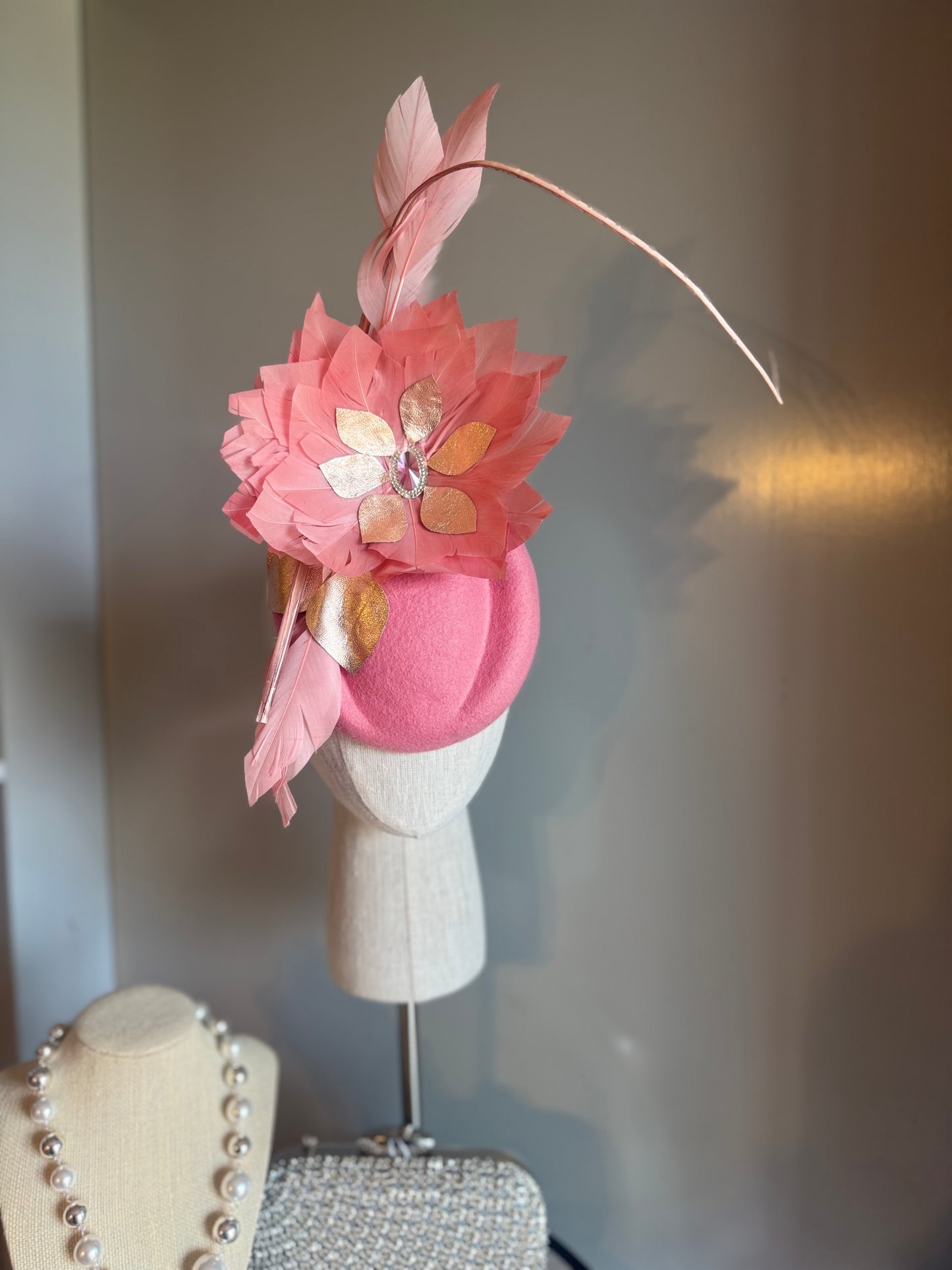 “Trish” pink & Rose gold feather statement