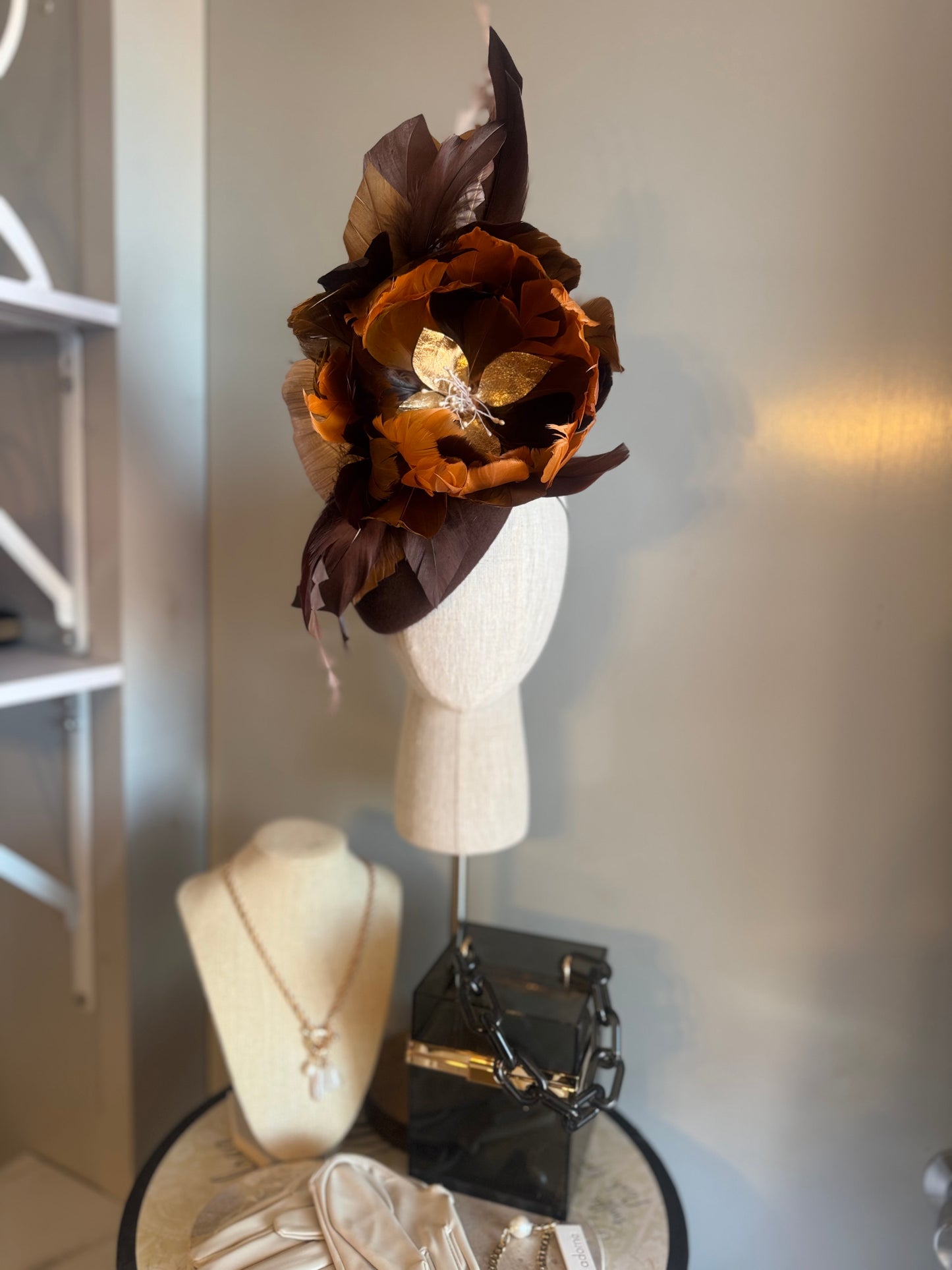 “Jilly” brown & burnt orange feather pillbox