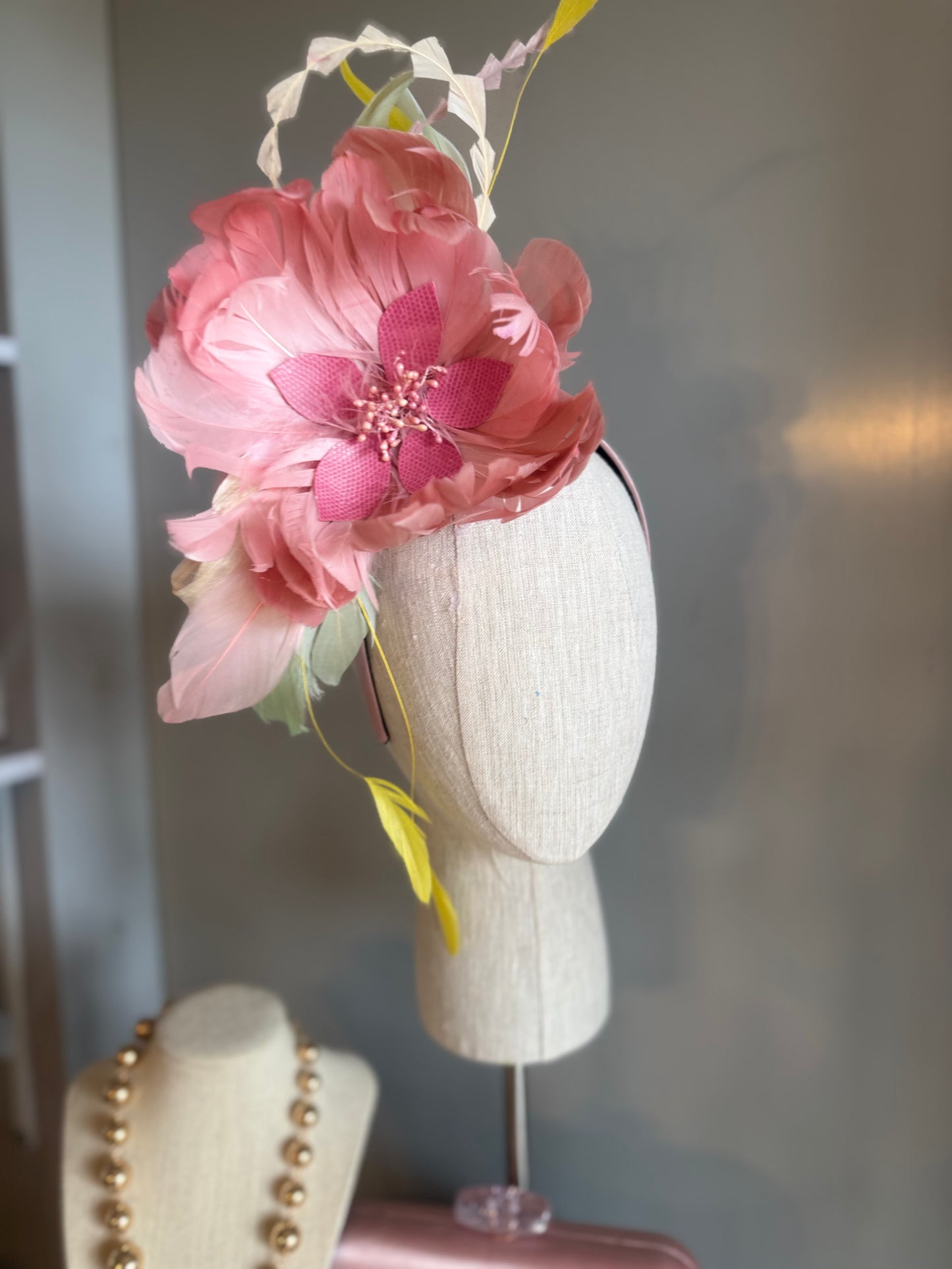 “Fleur” soft pinks,greens & yellow feather floral