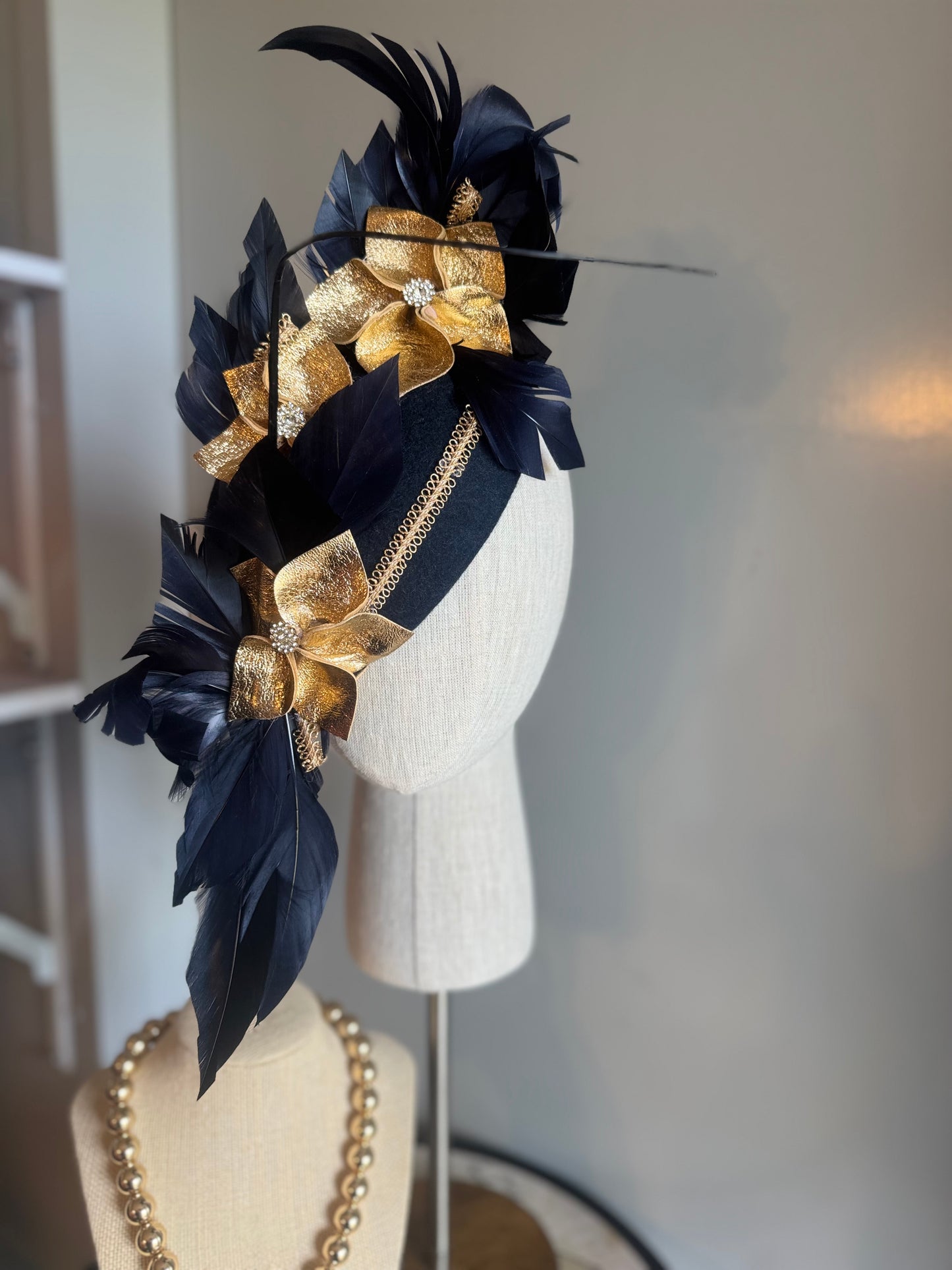 “Rita” Navy and Gold leather felt/wool pillbox