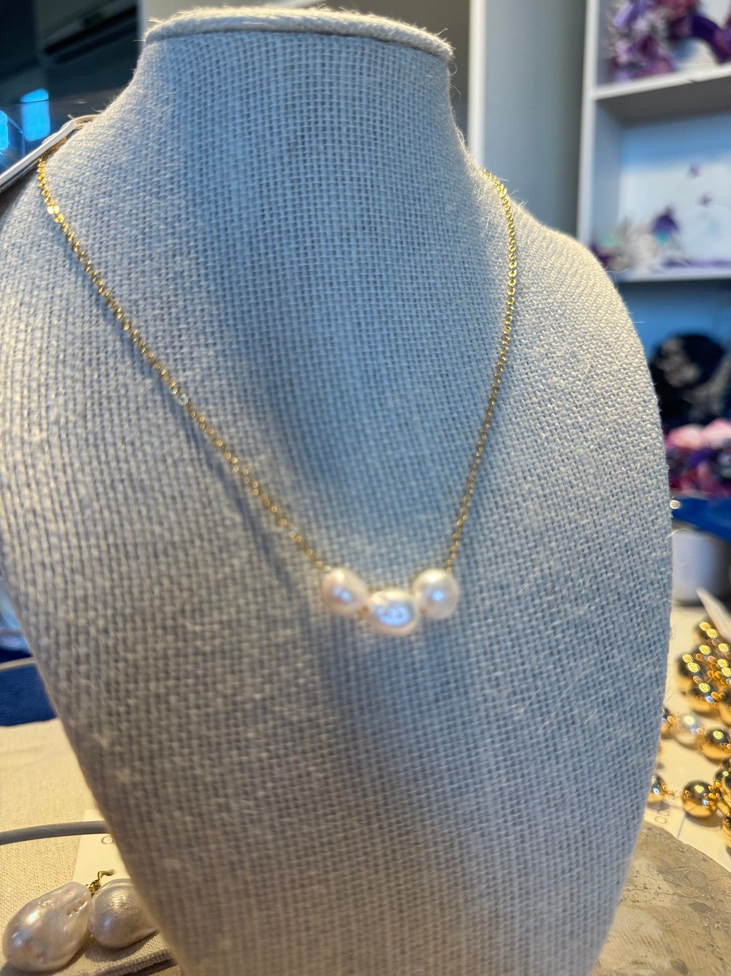 Adorne Gold 3 pearl delicate necklace