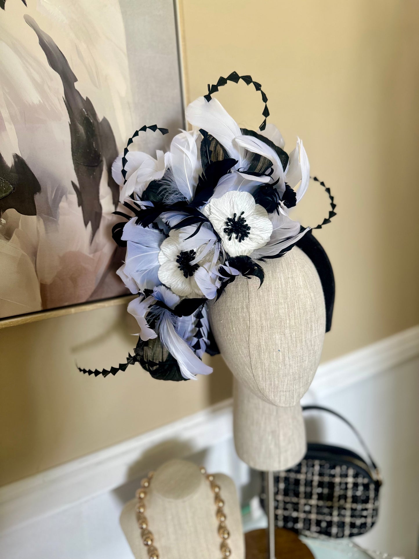 “Candice” black and white feather floral