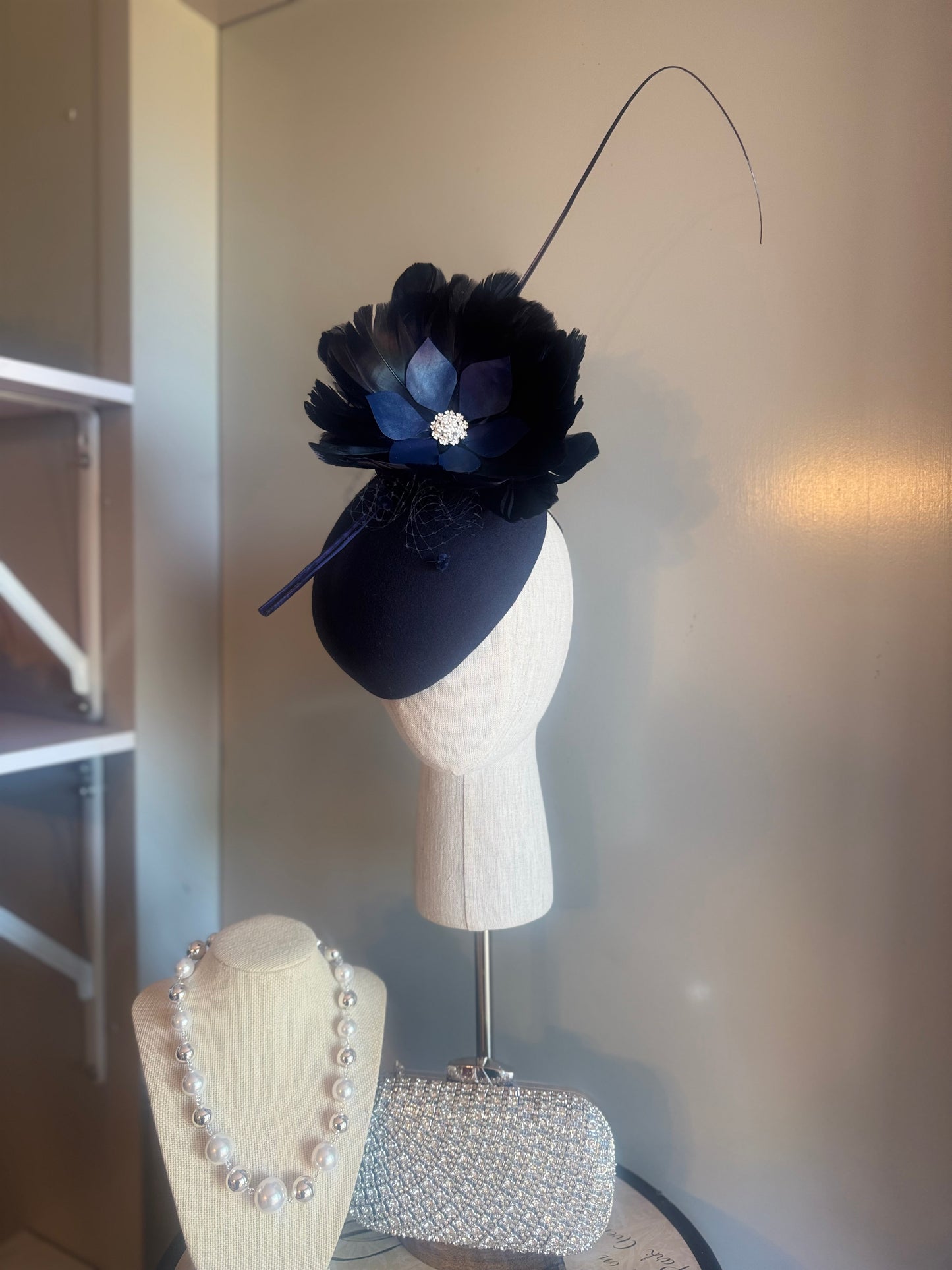 “Claudia” Navy feather pillbox