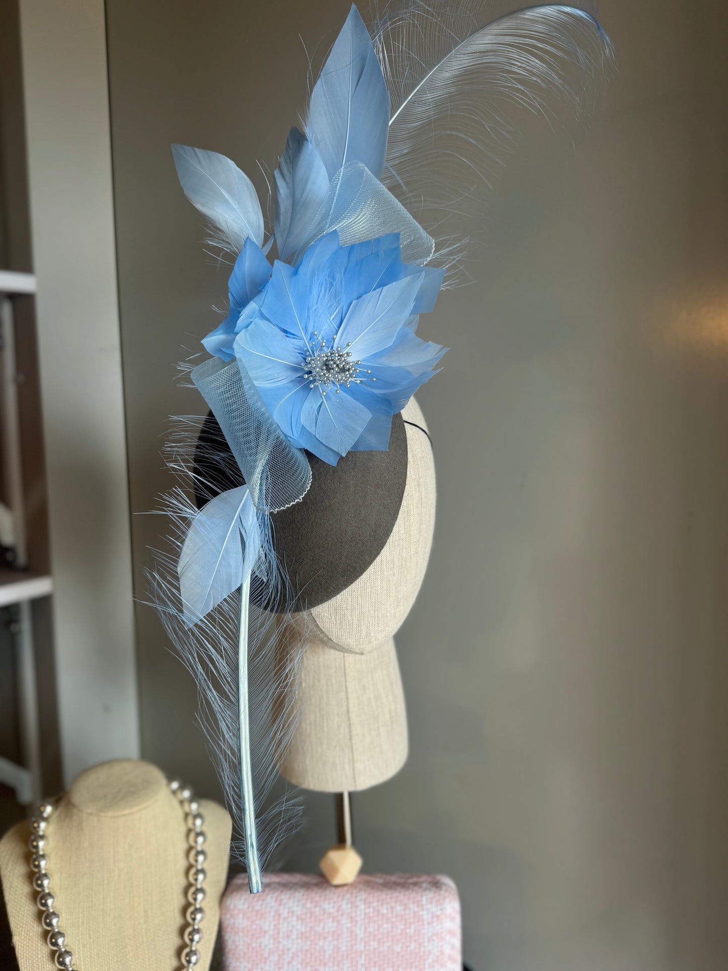 “Peta” blue & slate statement felt/wool pillbbox