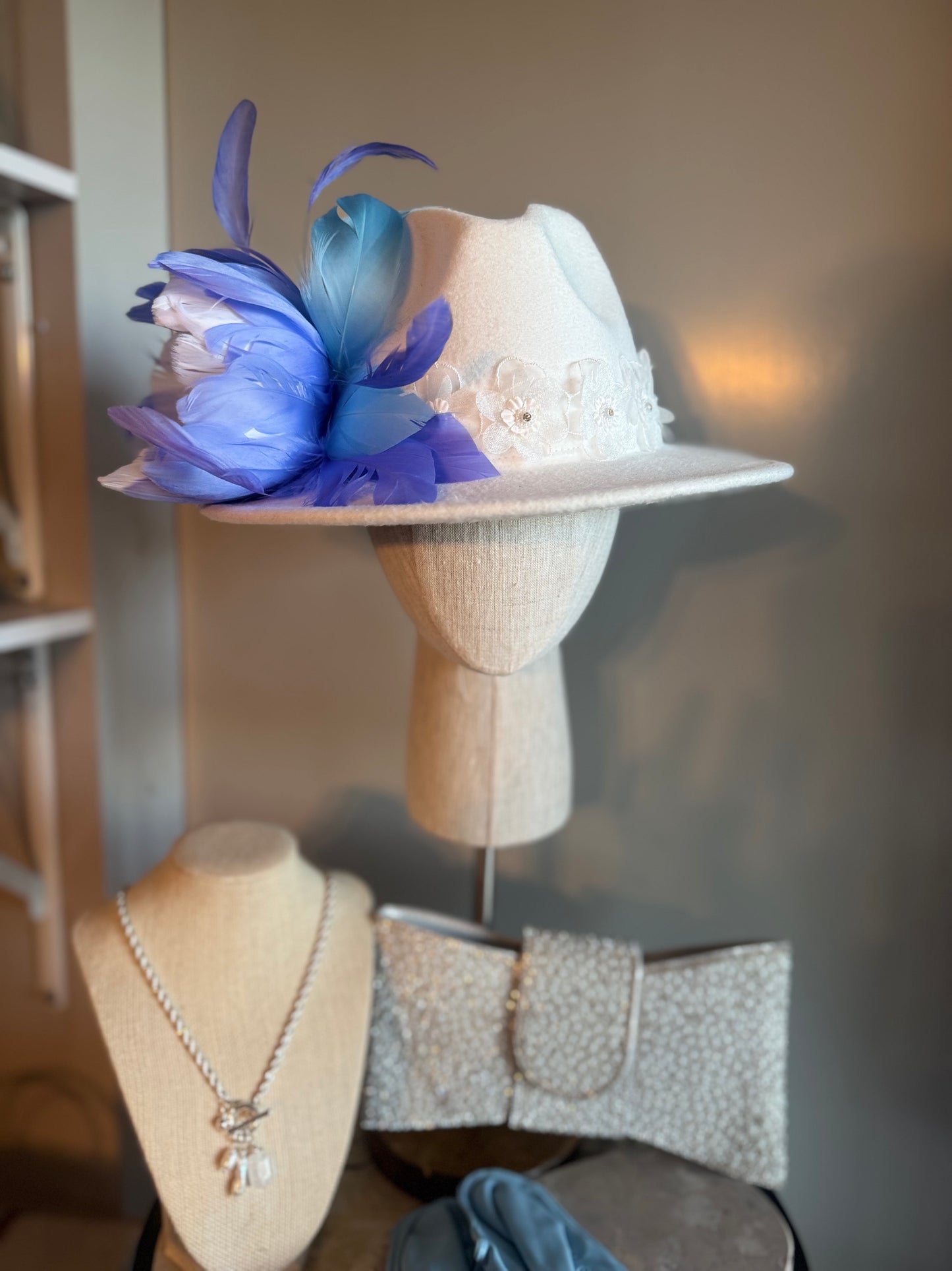 “Clarissa” white & blue trilby hat