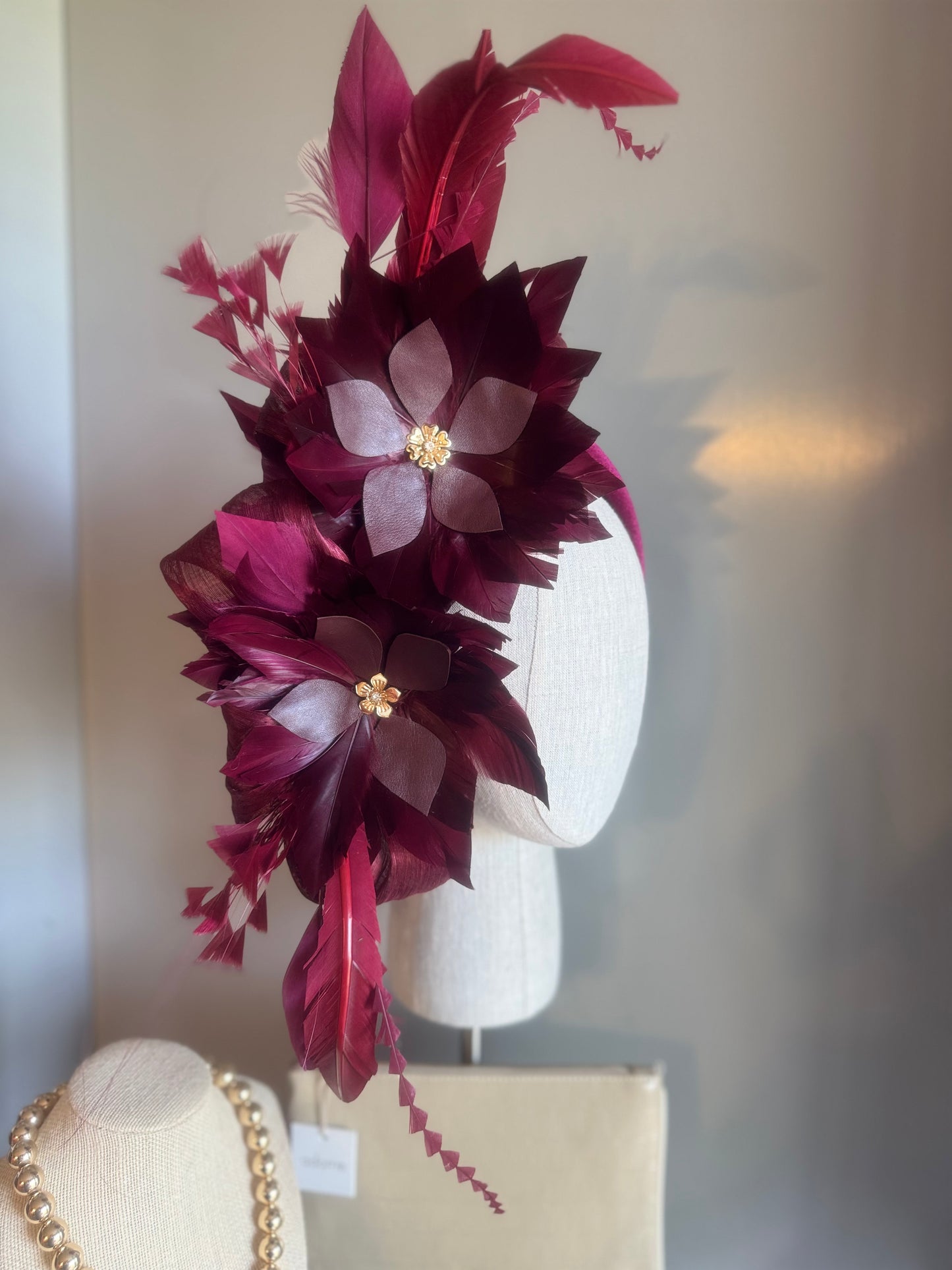 “Jenny” burgundy feather statement