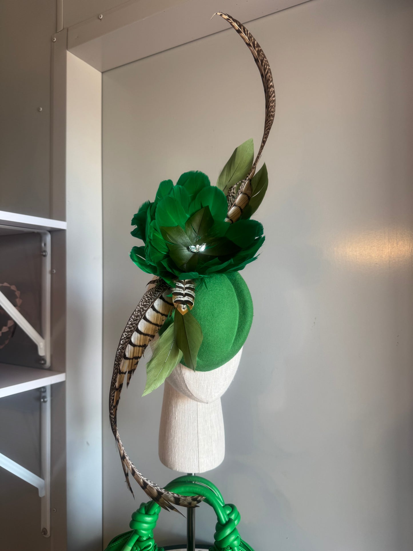 “Carla” Green feather statement felt/wool pillbox