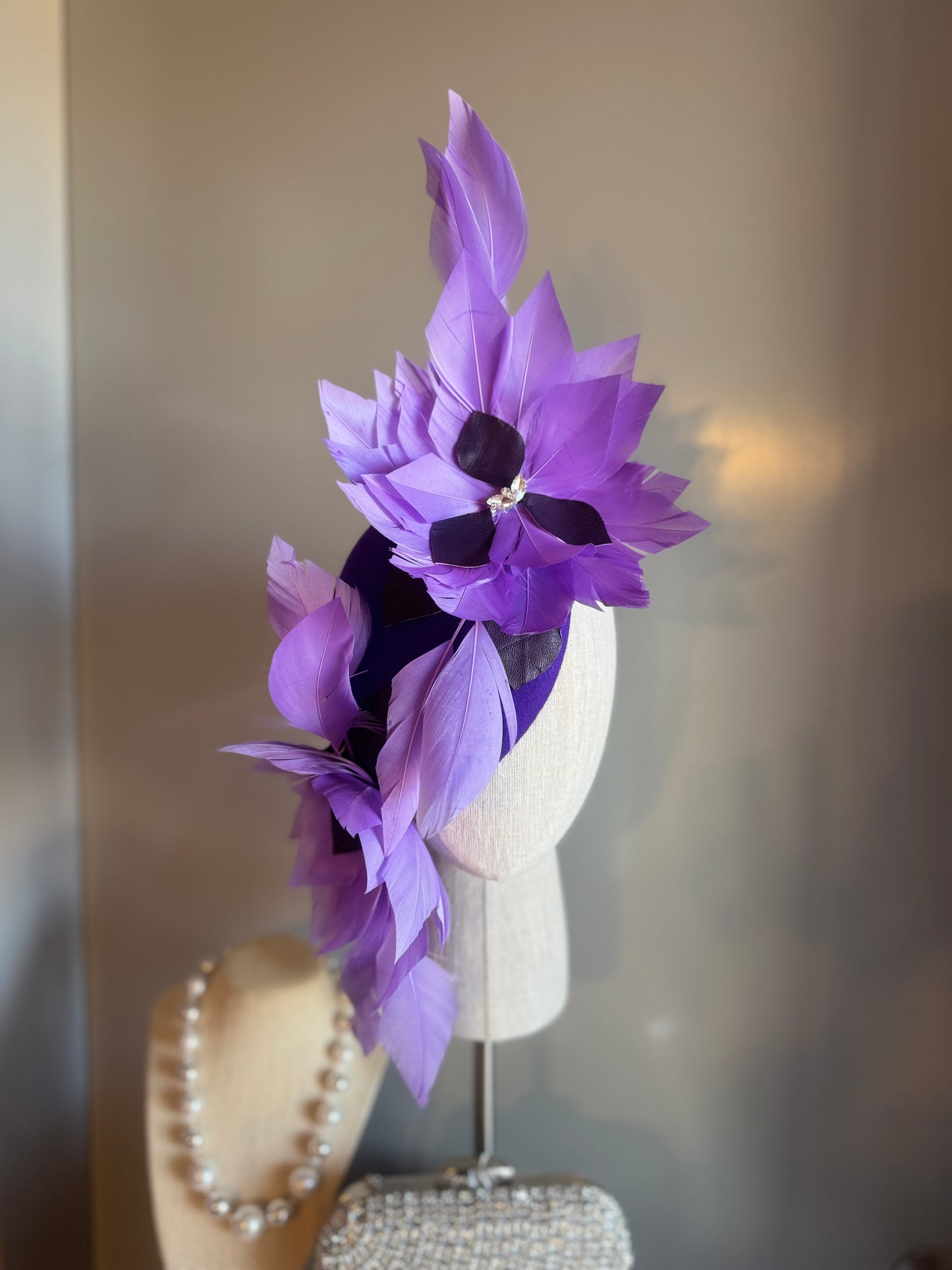 “Eleni” purple feather, leather & felt/wool statement