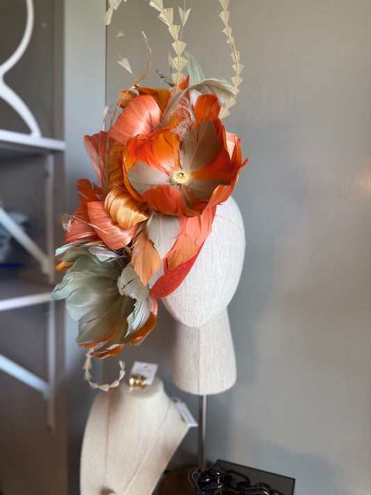 “August” orange,coral and moss feather statement