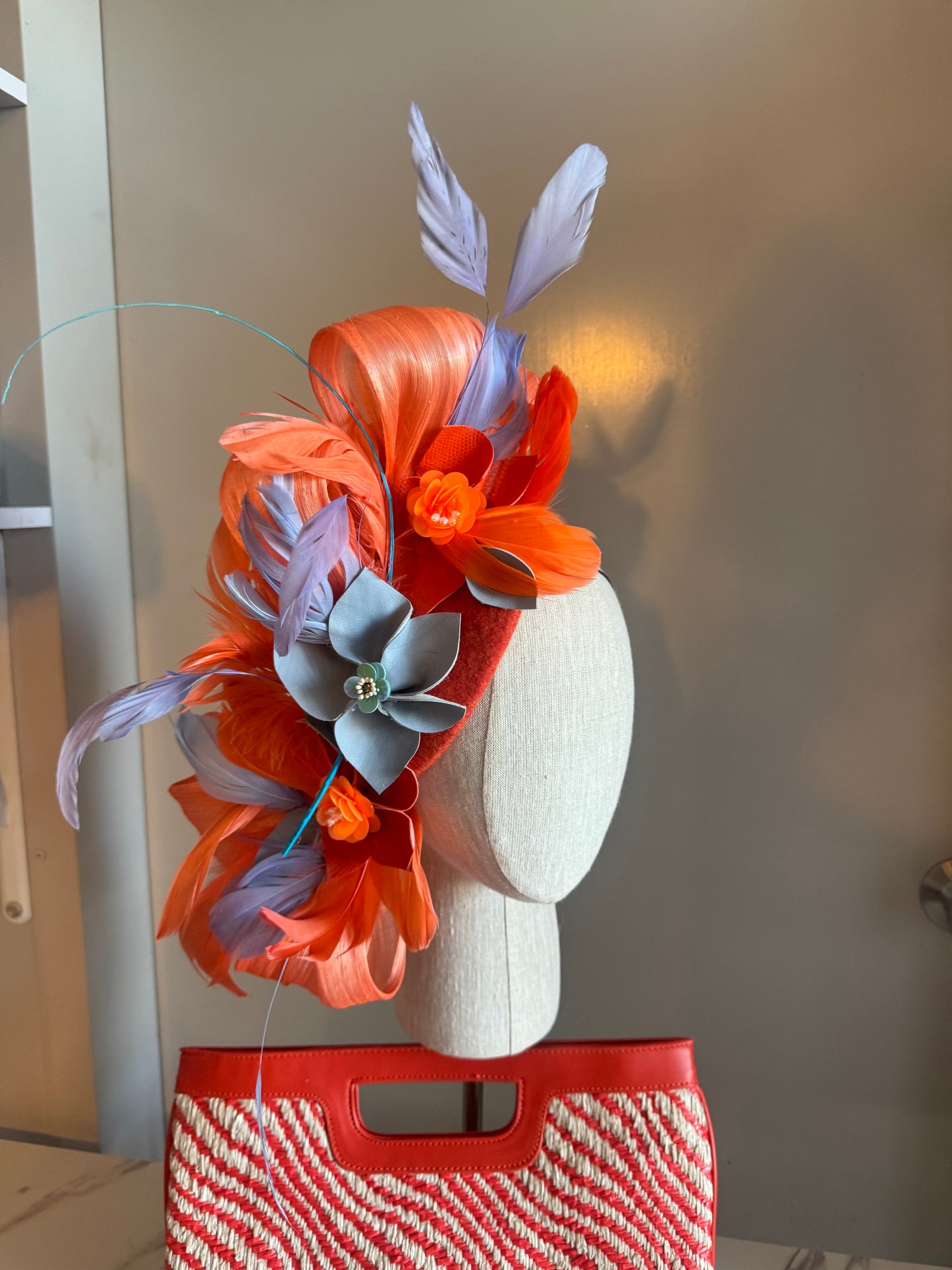 “Tinka” blue &orange pleather wool/felt pillbox