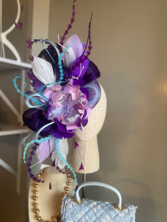 “Megan” purple,blue & turquoise feather floral statement