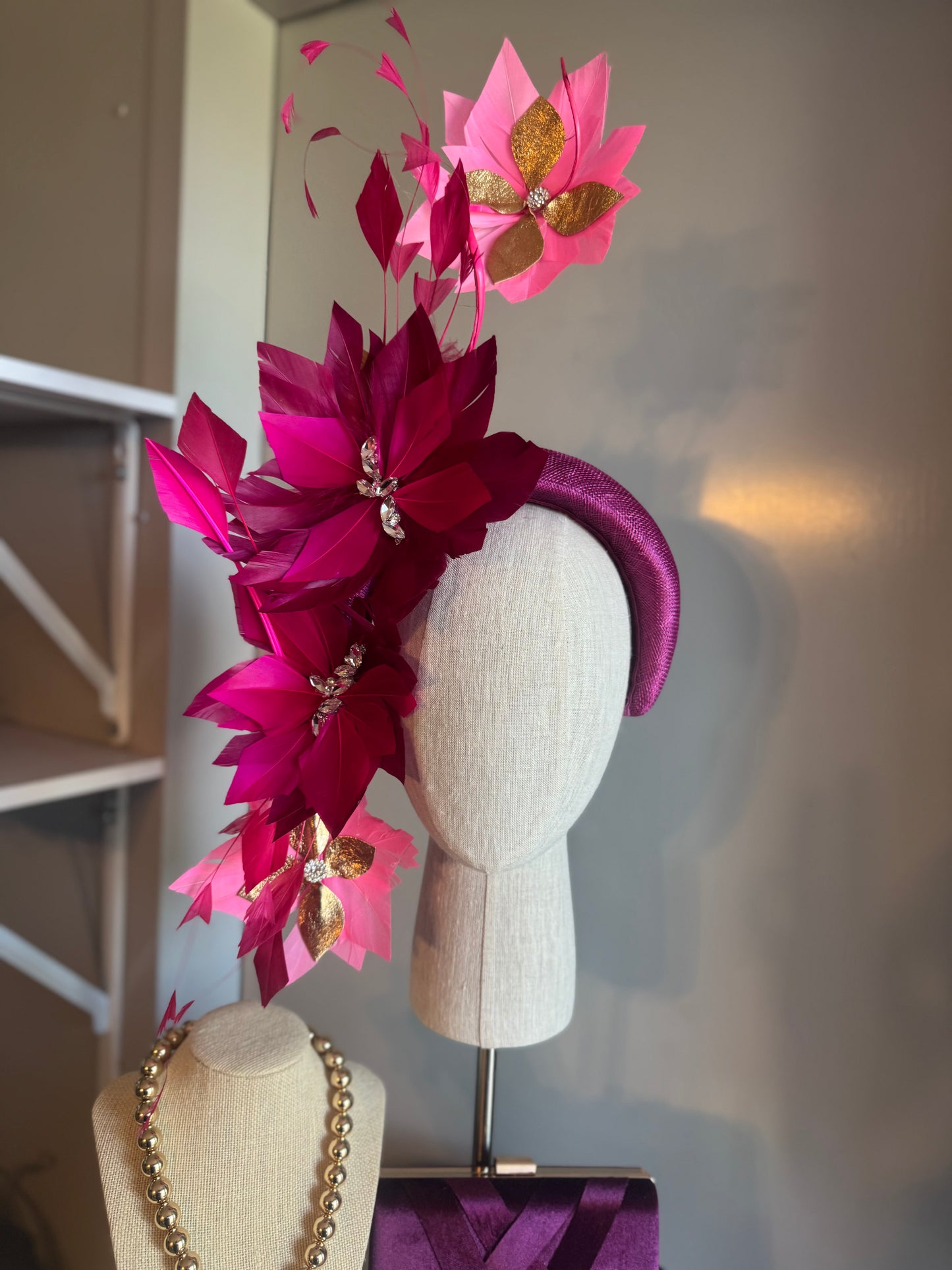 “Bridgette” magenta hot pink & gold feather statement