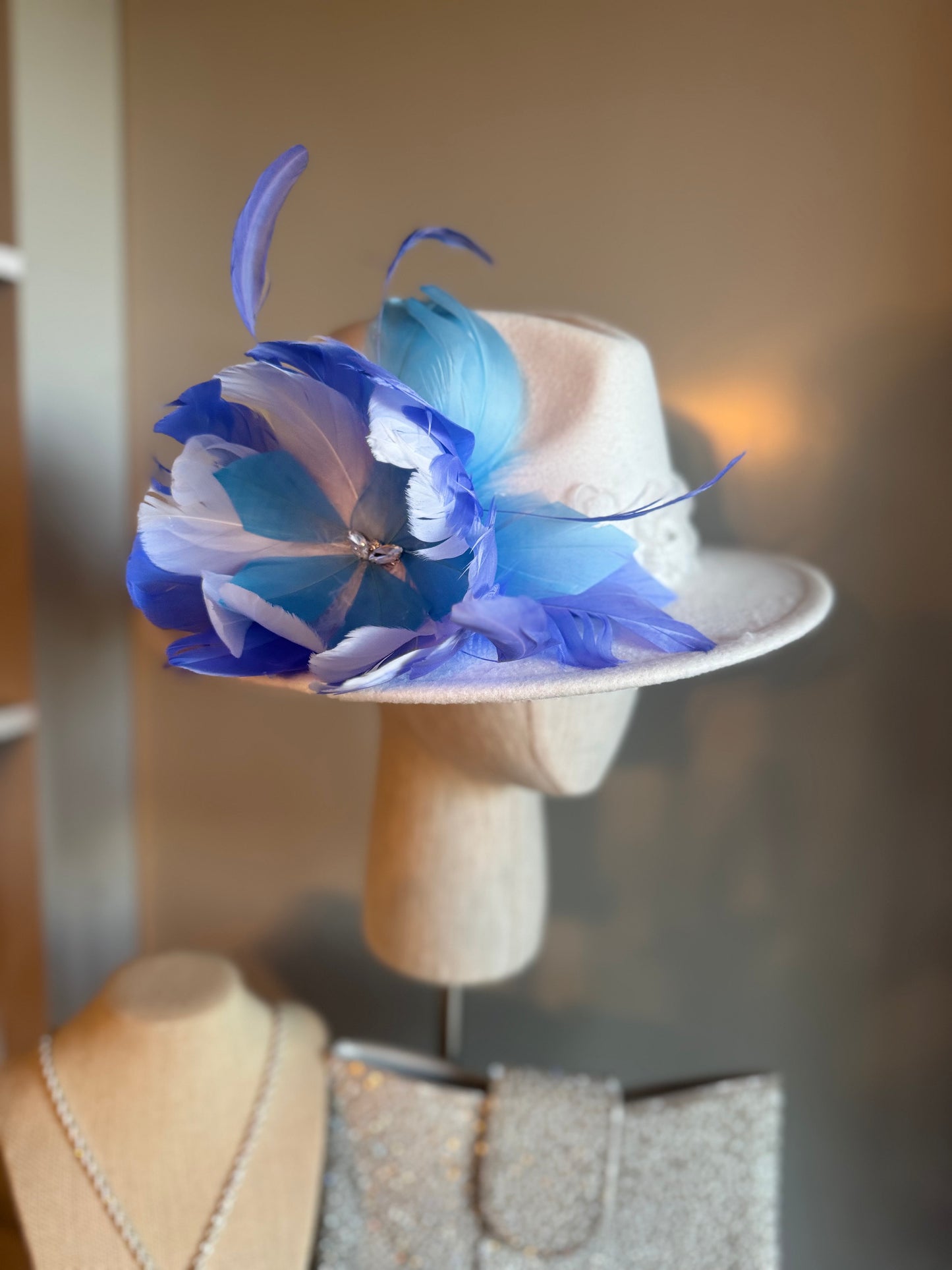 “Clarissa” white & blue trilby hat