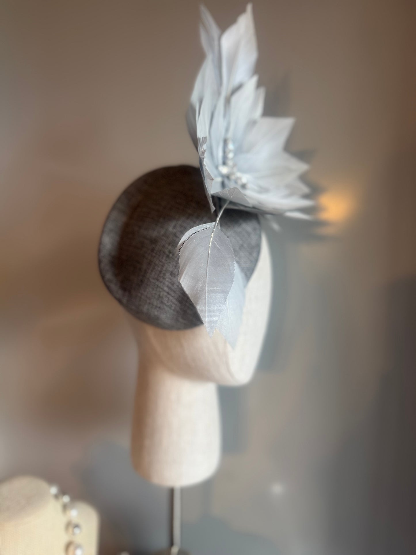 “Sylvie” grey feather linen pillbox