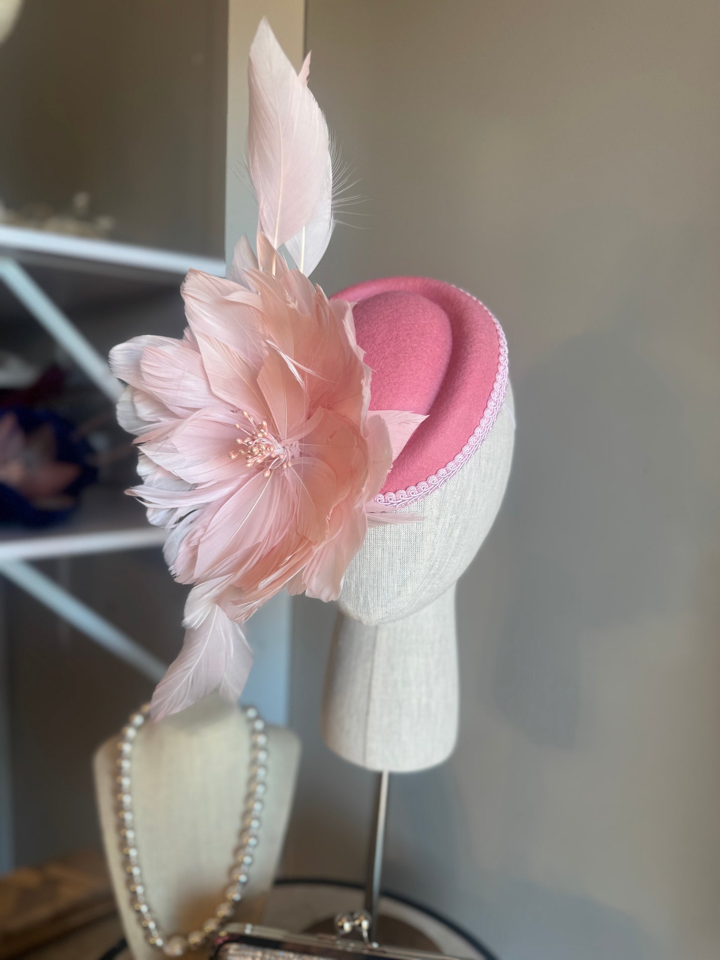 “Merridi” pink feather statement pillbox