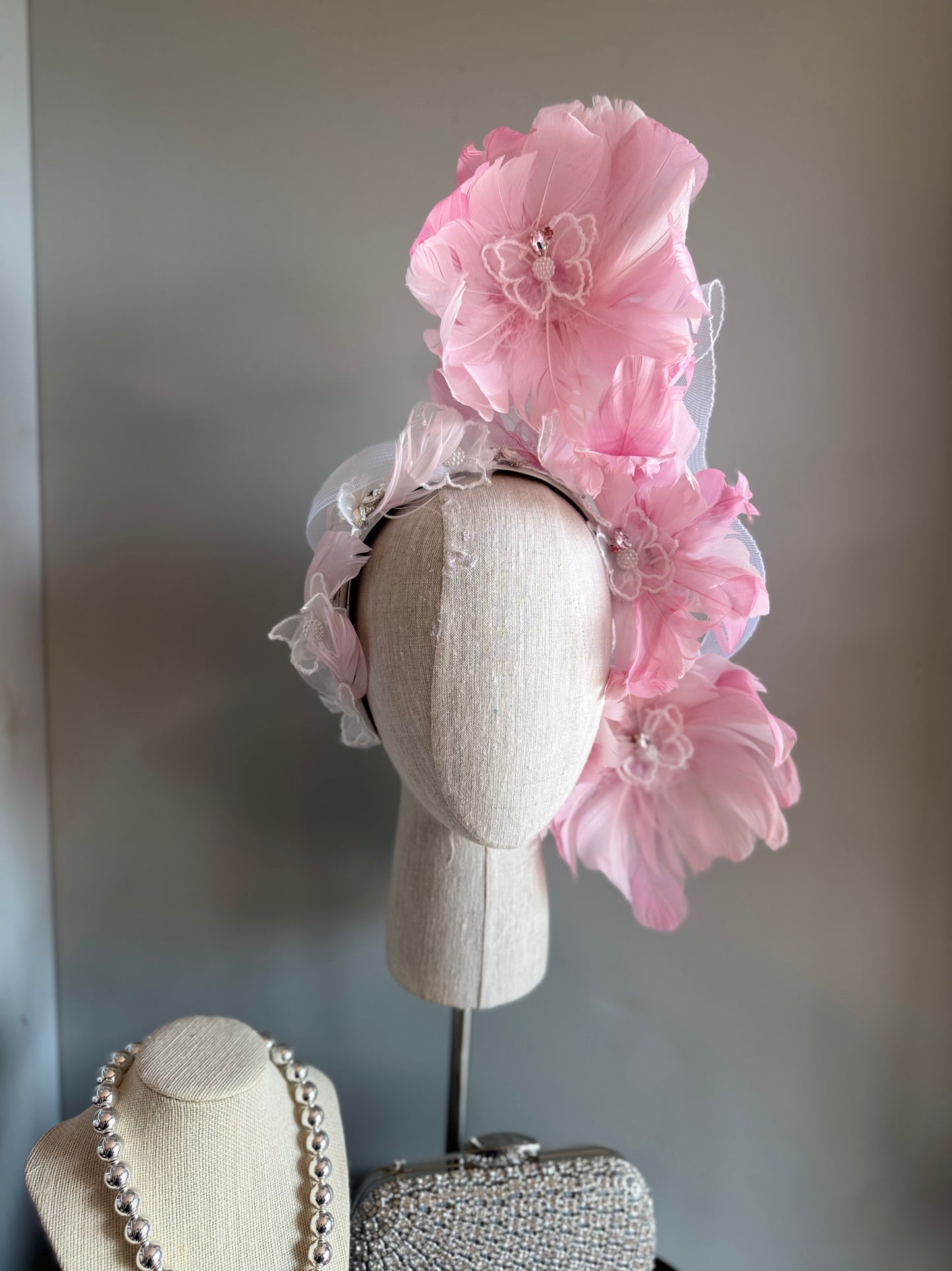 “Phoebe” pink & white lace feather floating statement