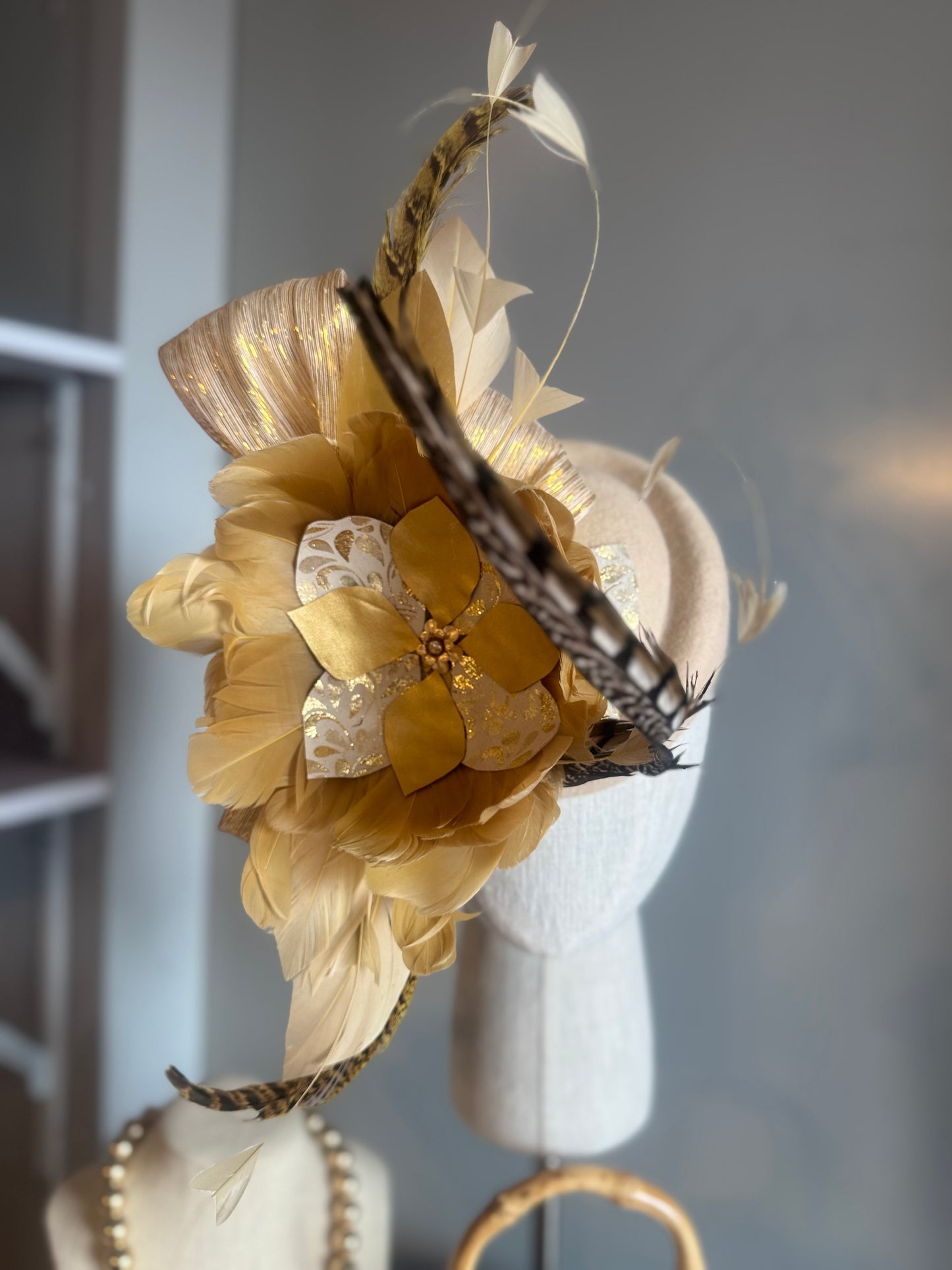 “Lettie” Gold & cream felt/wool pillbox