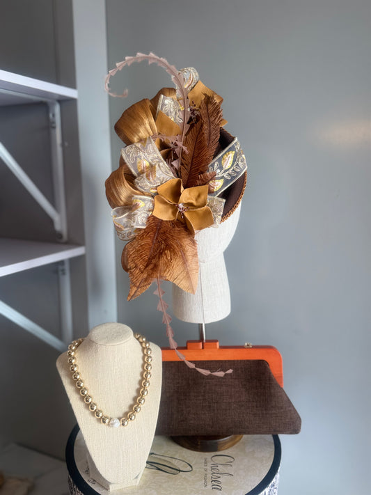 “Lainy” chocolate and mustard leather felt/wool pillbox