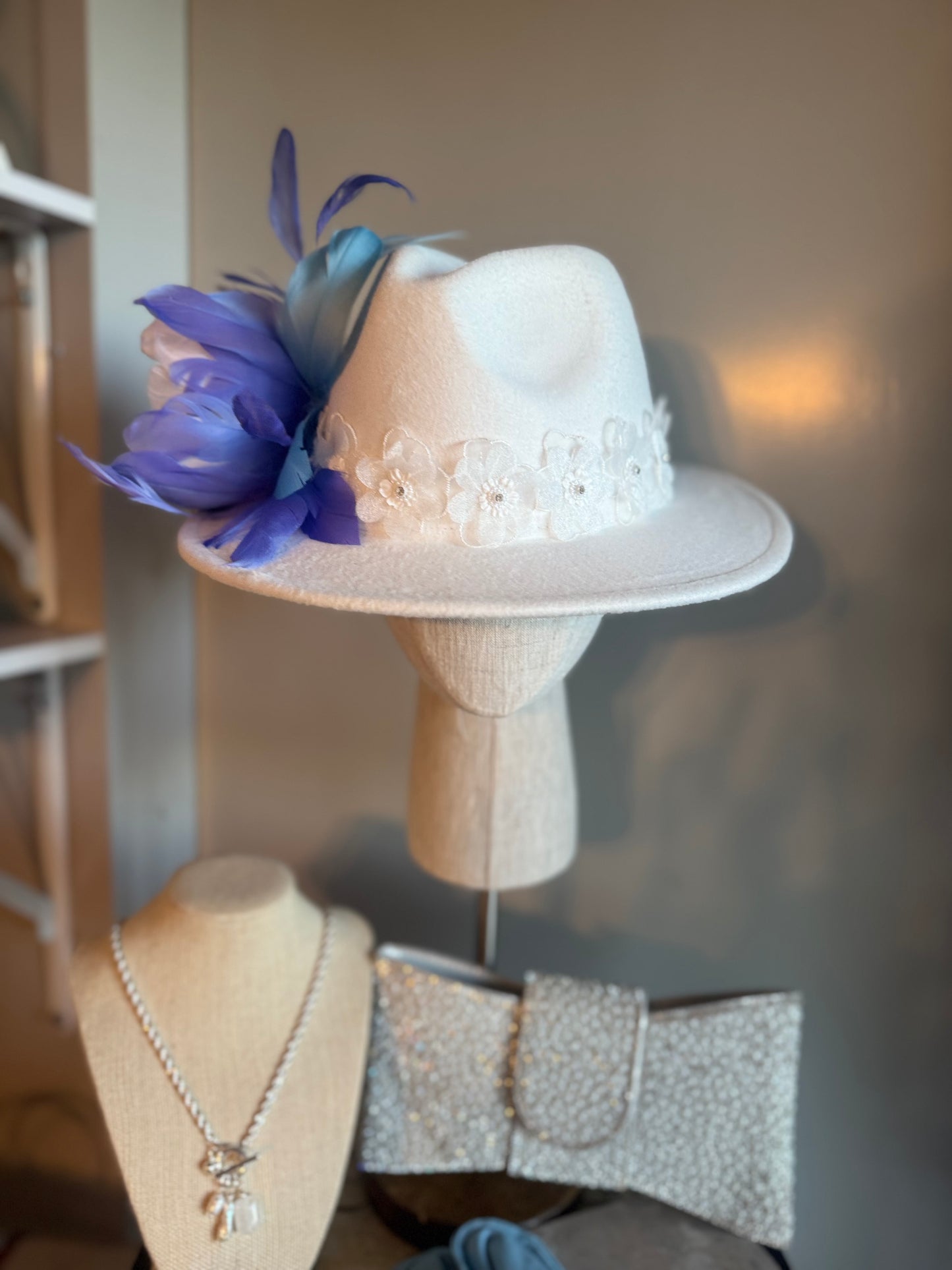 “Clarissa” white & blue trilby hat