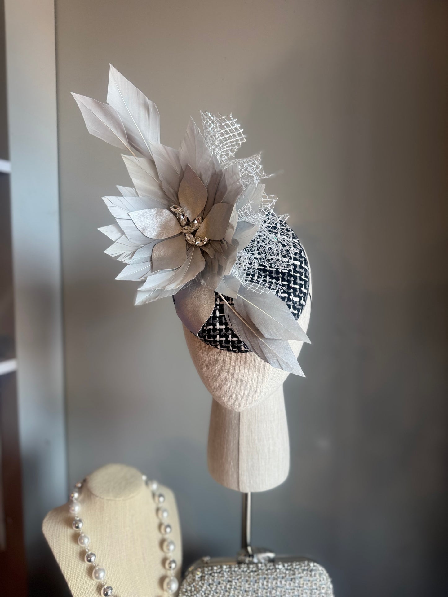 “Beatrice” Silver grey, black & white feather felt/wool statement